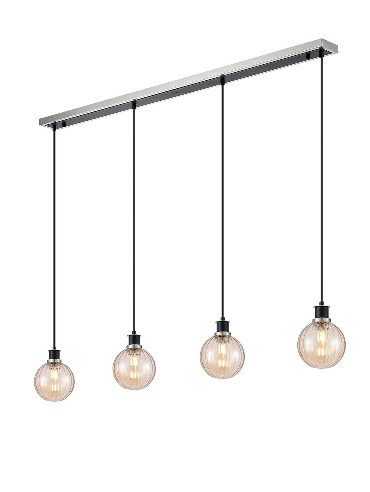 Stevens 1.3m Linear Pendant, 4 x E14 With 15cm Round Segment Glass Shade, Satin Nickel, Amber Plated & Satin Black