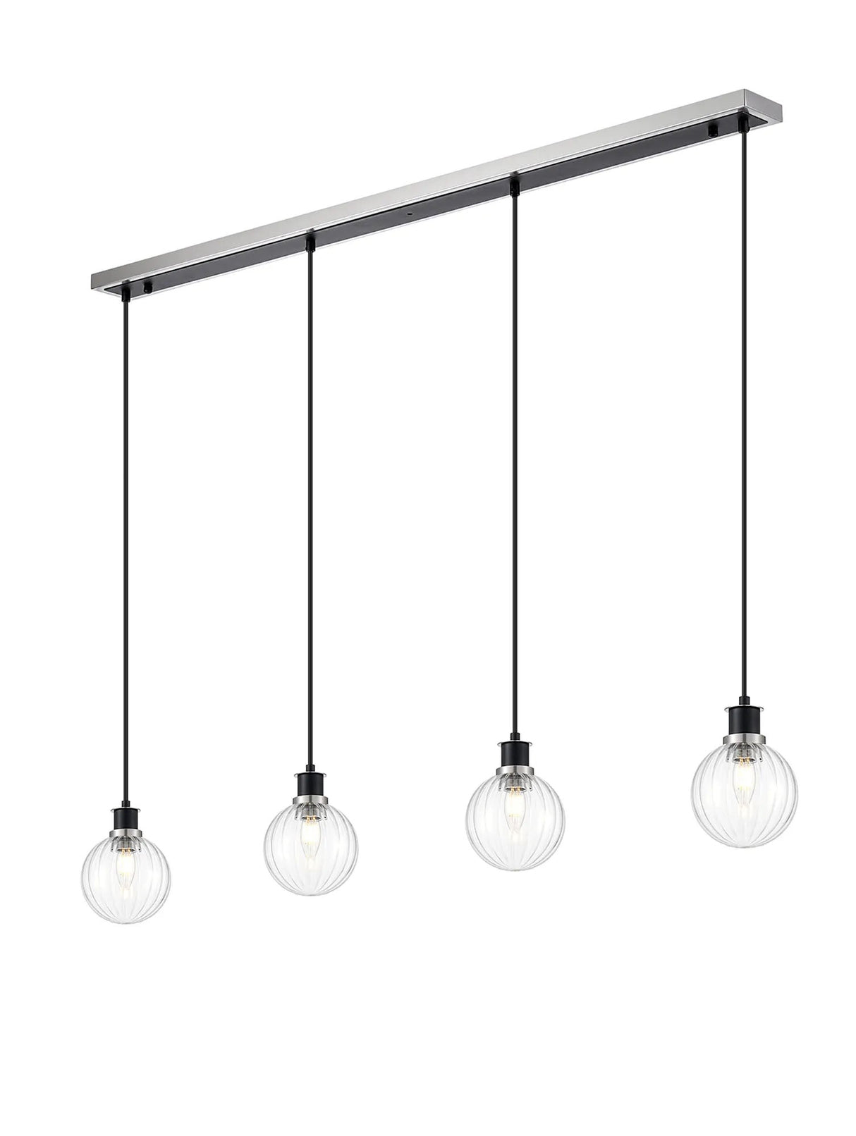 Stevens 1.3m Linear Pendant, 4 x E14 With 15cm Round Segment Glass Shade, Satin Nickel, Clear & Satin Black