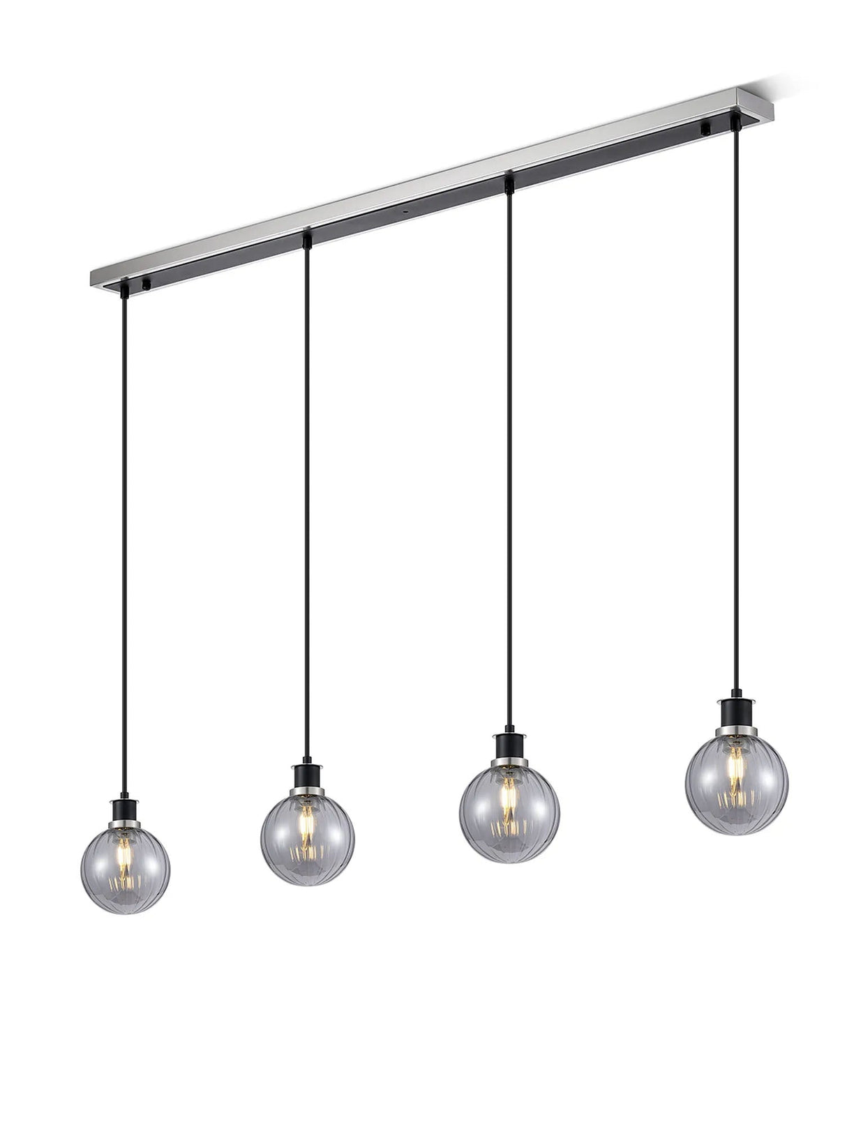 Stevens 1.3m Linear Pendant, 4 x E14 With 15cm Round Segment Glass Shade, Satin Nickel, Smoke Plated & Satin Black