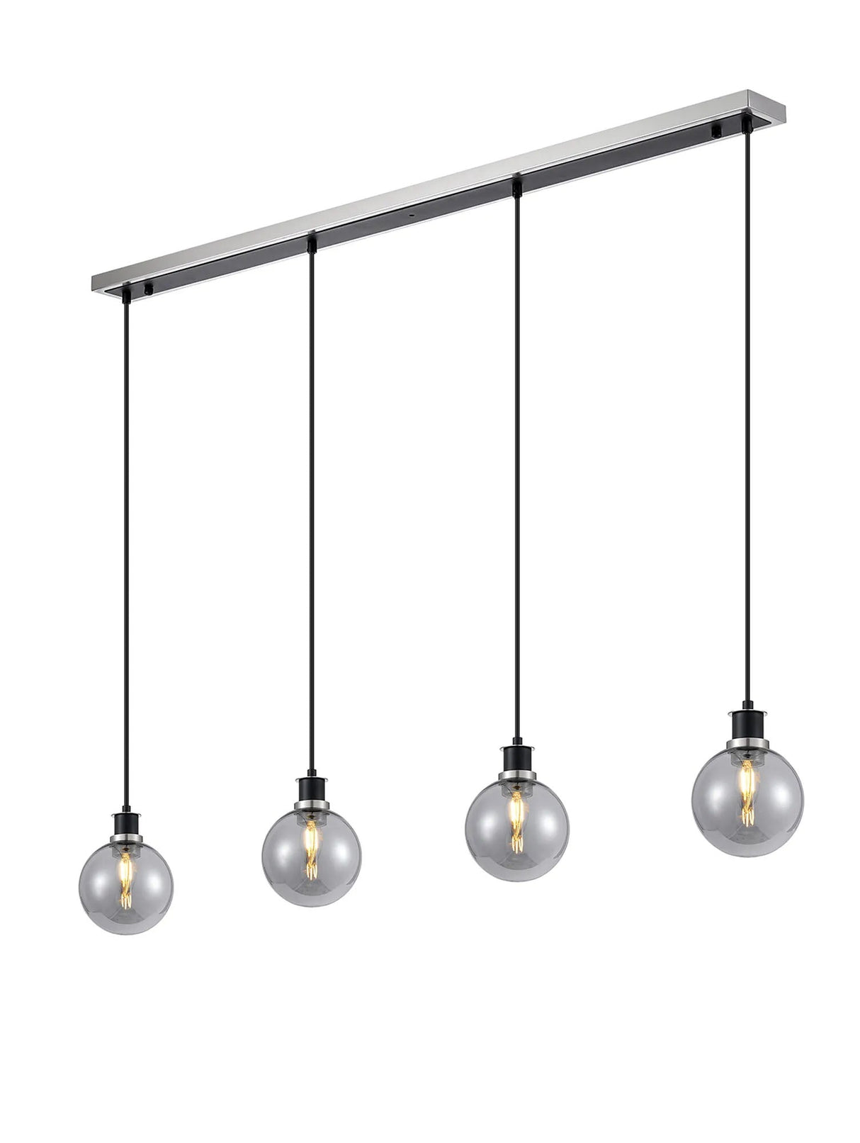 Stevens 1.3m Linear Pendant, 4 x E14 With 15cm Round Glass Shade, Satin Nickel, Smoke Plated & Satin Black