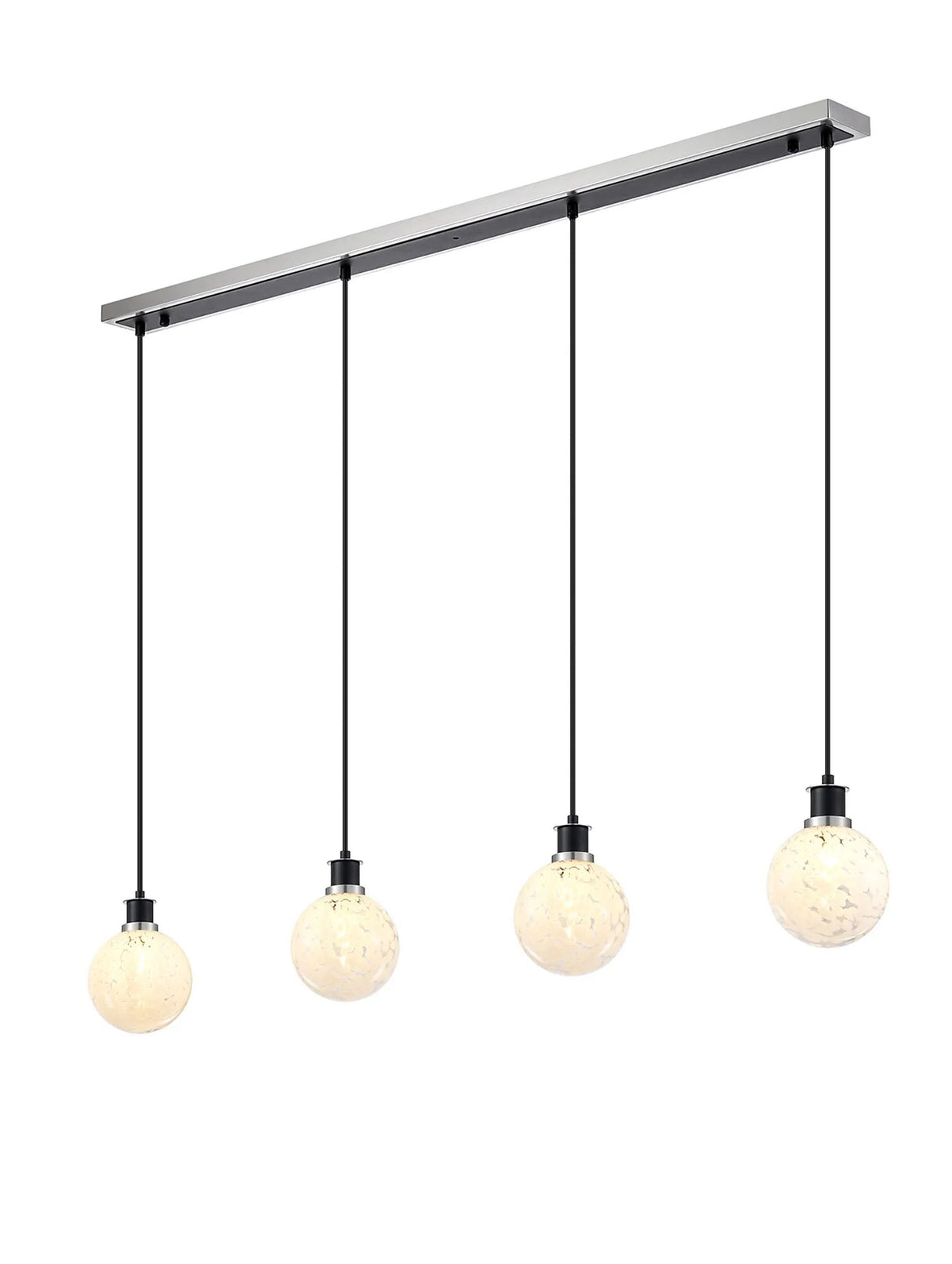 Stevens 1.3m Linear Pendant, 4 x E14 With 15cm Round Speckled Glass Shade, Satin Nickel, White & Satin Black