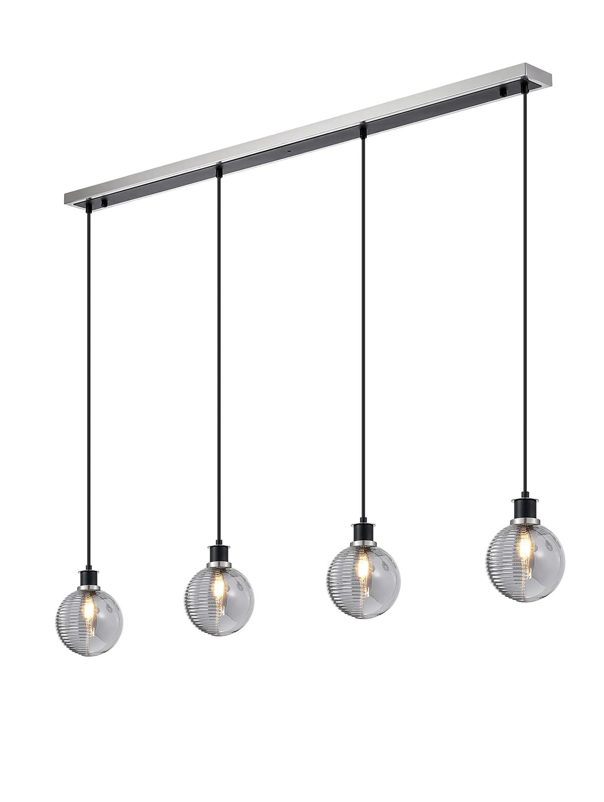 Stevens 1.3m Linear Pendant, 4 x E14 With 15cm Round Double Textured Smooth/Ribbed Glass Shade, Satin Nickel, Smoke Plated & Satin Black