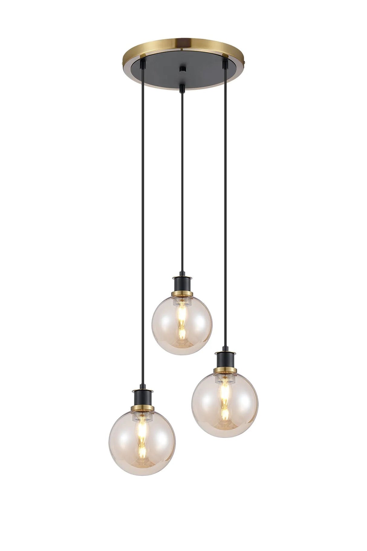 Stevens 1.3m Round Pendant, 3 x E14 With 15cm Round Glass Shade, Brass, Amber Plated & Satin Black