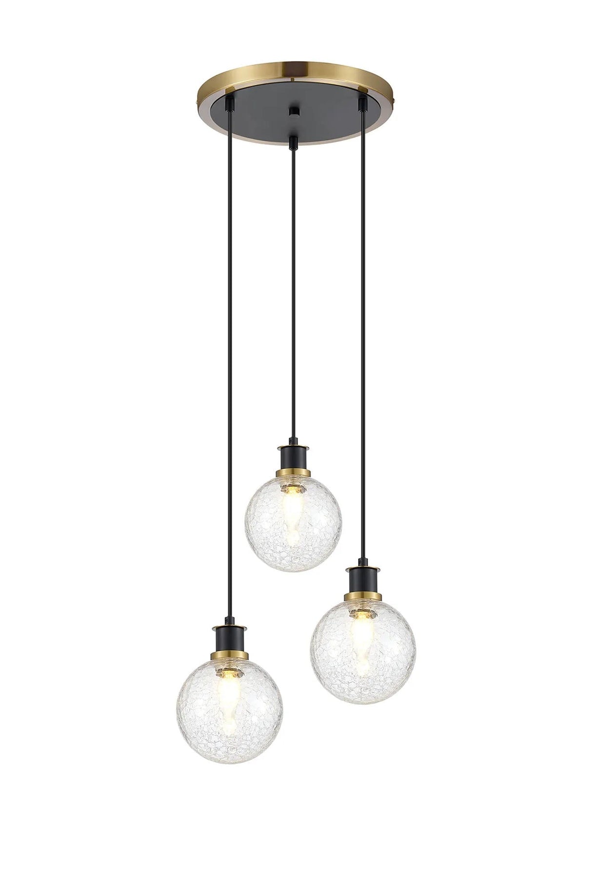 Stevens 1.3m Round Pendant, 3 x E14 With 15cm Round Crackled Glass Shade, Brass, Clear & Satin Black