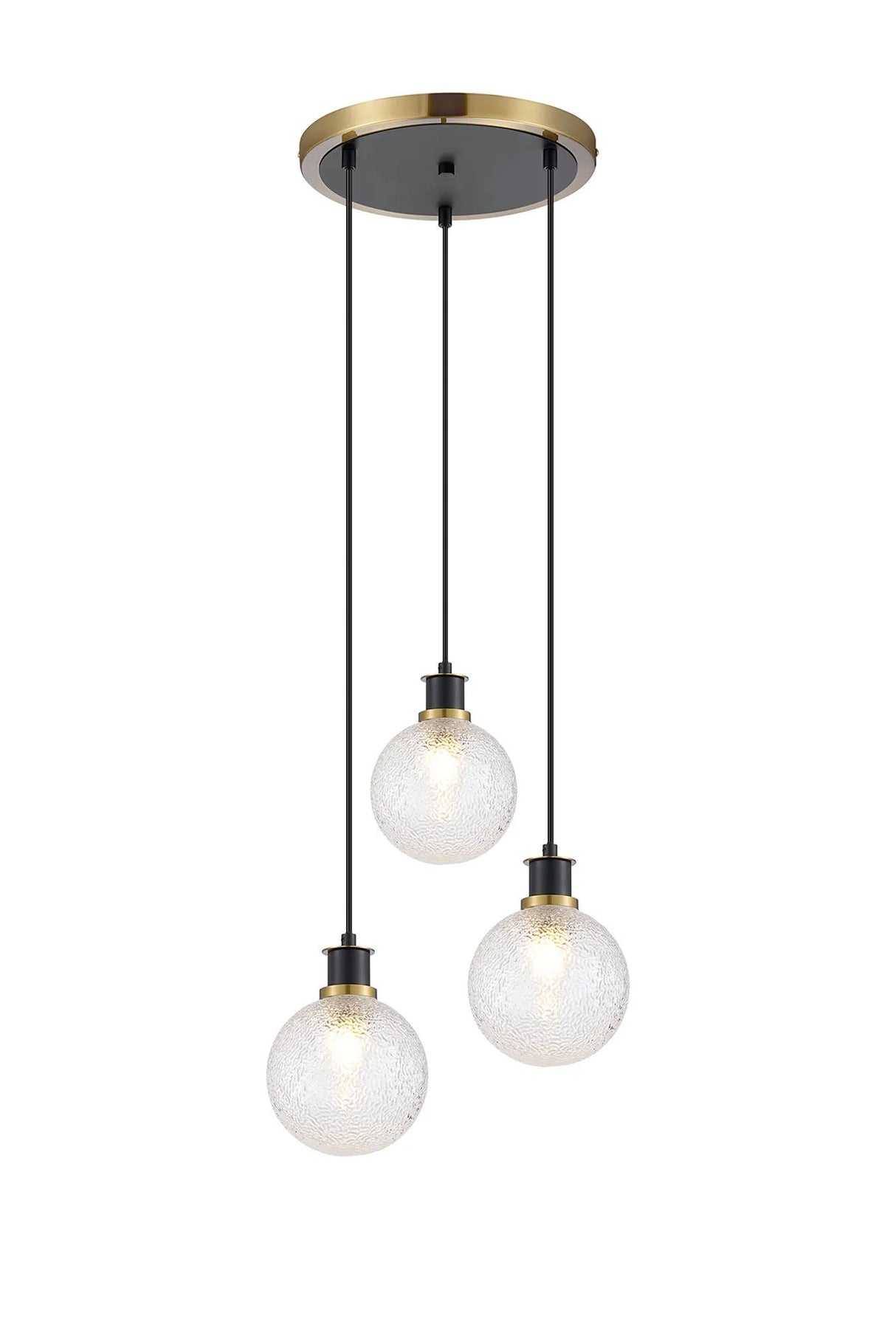 Stevens 1.3m Round Pendant, 3 x E14 With 15cm Round Dimpled Glass Shade, Brass, Clear & Satin Black