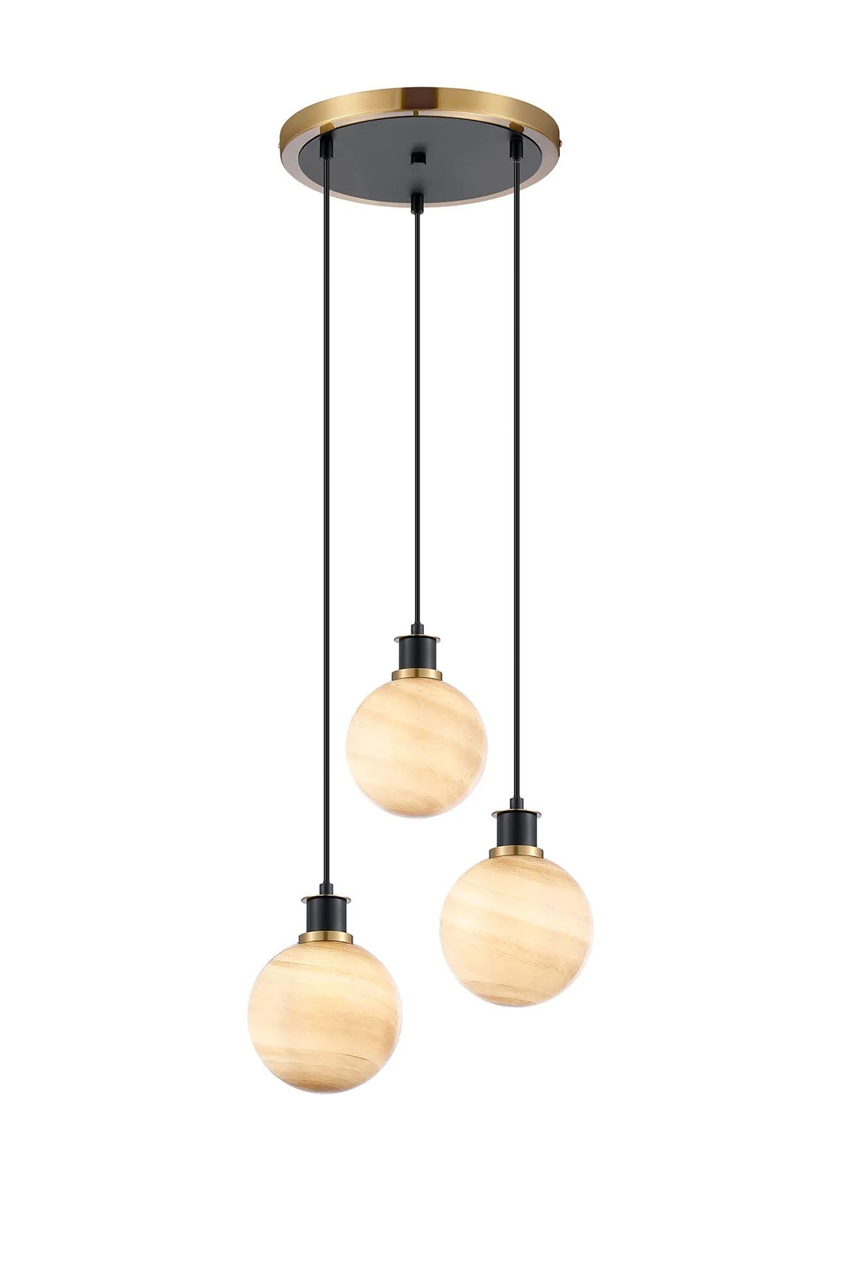 Stevens 38cm Round Pendant, 3 Light E14 With 15cm Round Dark Beige Marble Effect Glass Shade, Brass & Satin Black Framework