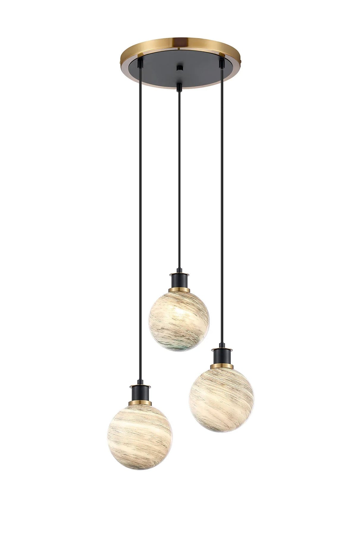 Stevens 38cm Round Pendant, 3 Light E14 With 15cm Round Dark Green Marble Effect Glass Shade, Brass & Satin Black Framework