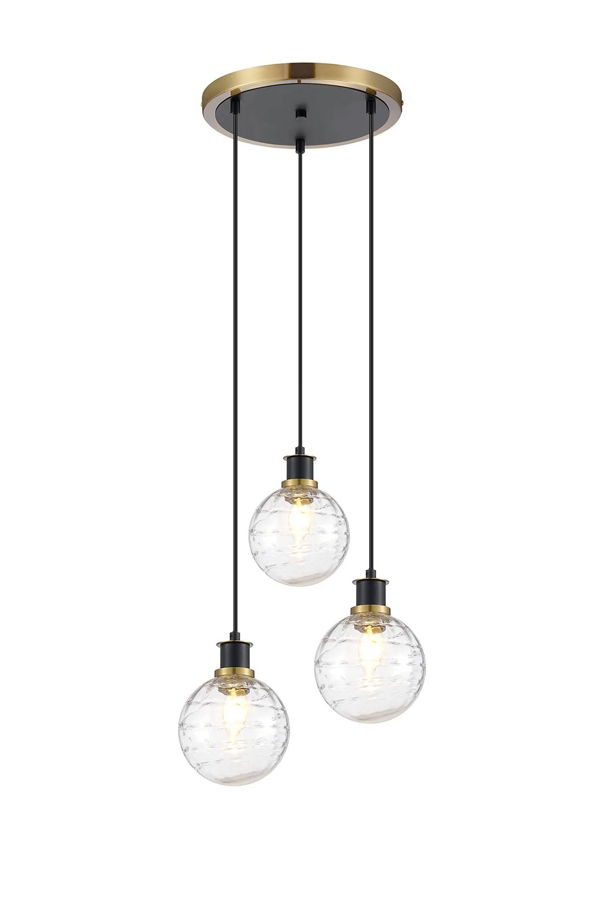 Stevens 1.3m Round Pendant, 3 x E14 With 15cm Round Textured Melting Glass Shade, Brass, Clear & Satin Black