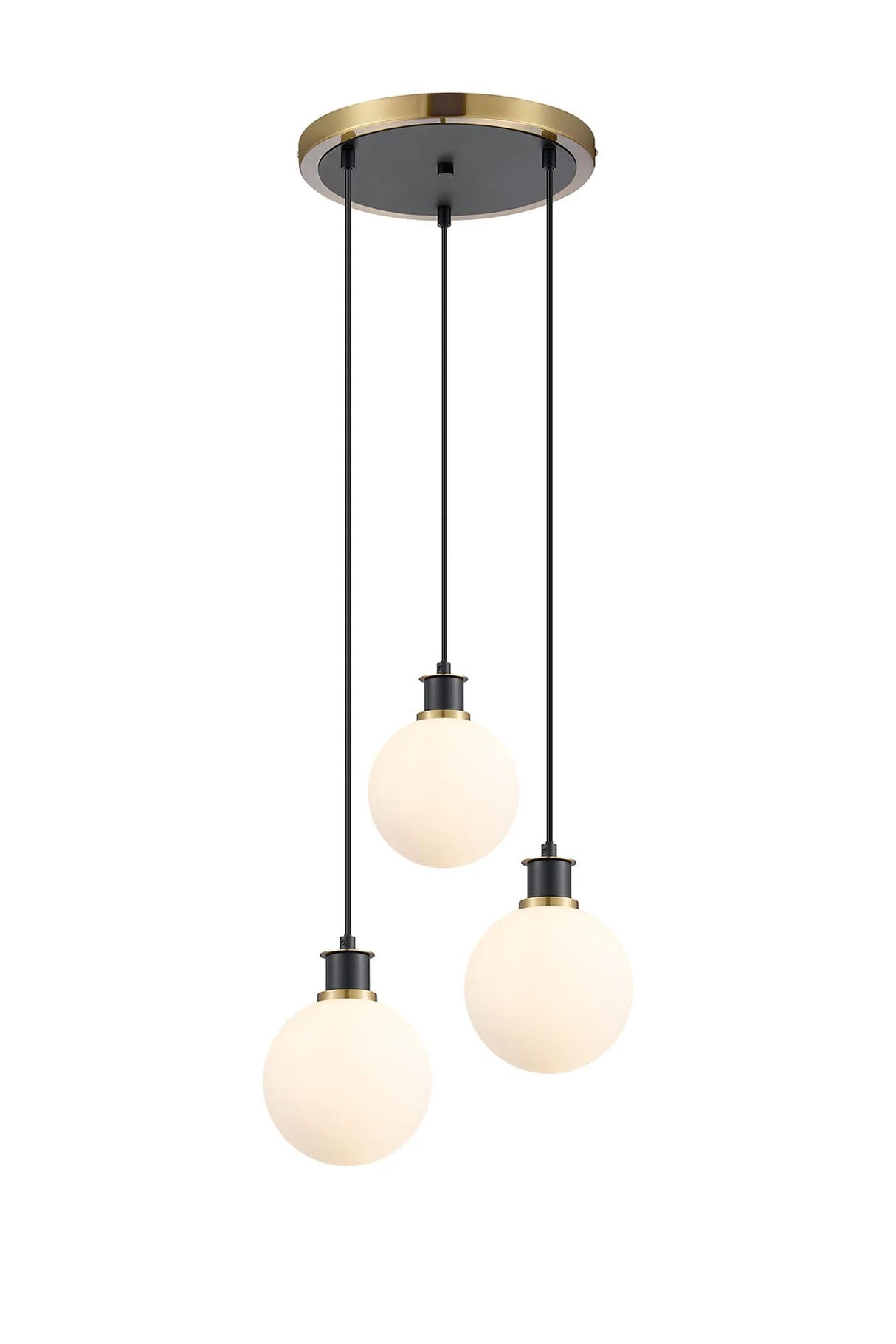Stevens 1.3m Round Pendant, 3 x E14 With 15cm Round Glass Shade, Brass, Opal & Satin Black