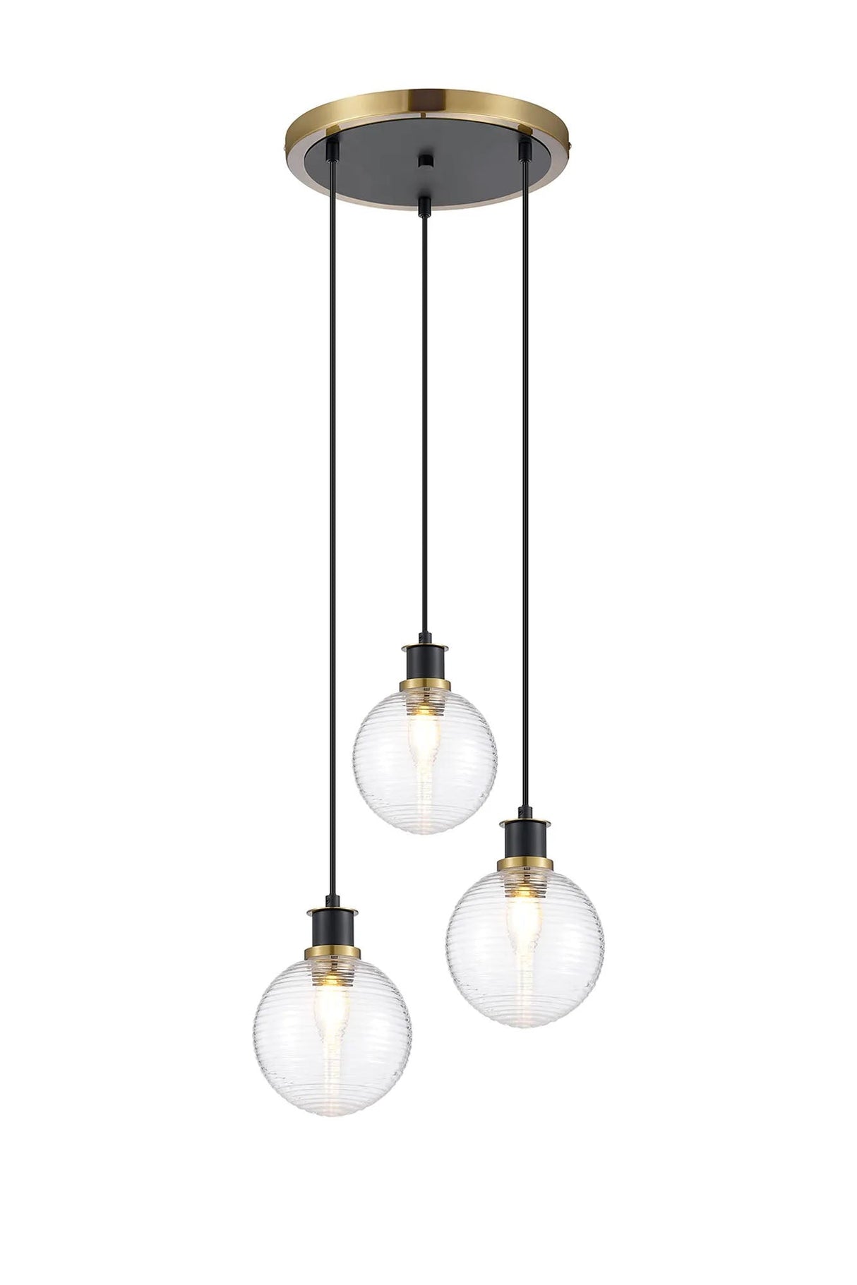 Stevens 1.3m Round Pendant, 3 x E14 With 15cm Round Ribbed Glass Shade, Brass, Clear & Satin Black