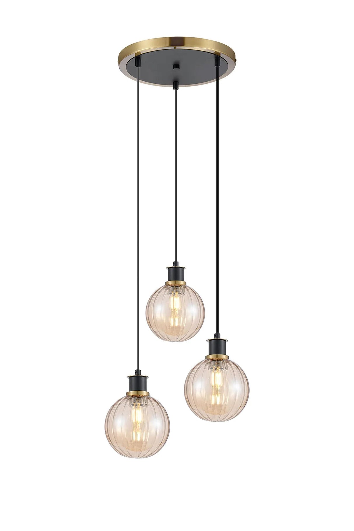 Stevens 1.3m Round Pendant, 3 x E14 With 15cm Round Segment Glass Shade, Brass, Amber Plated & Satin Black