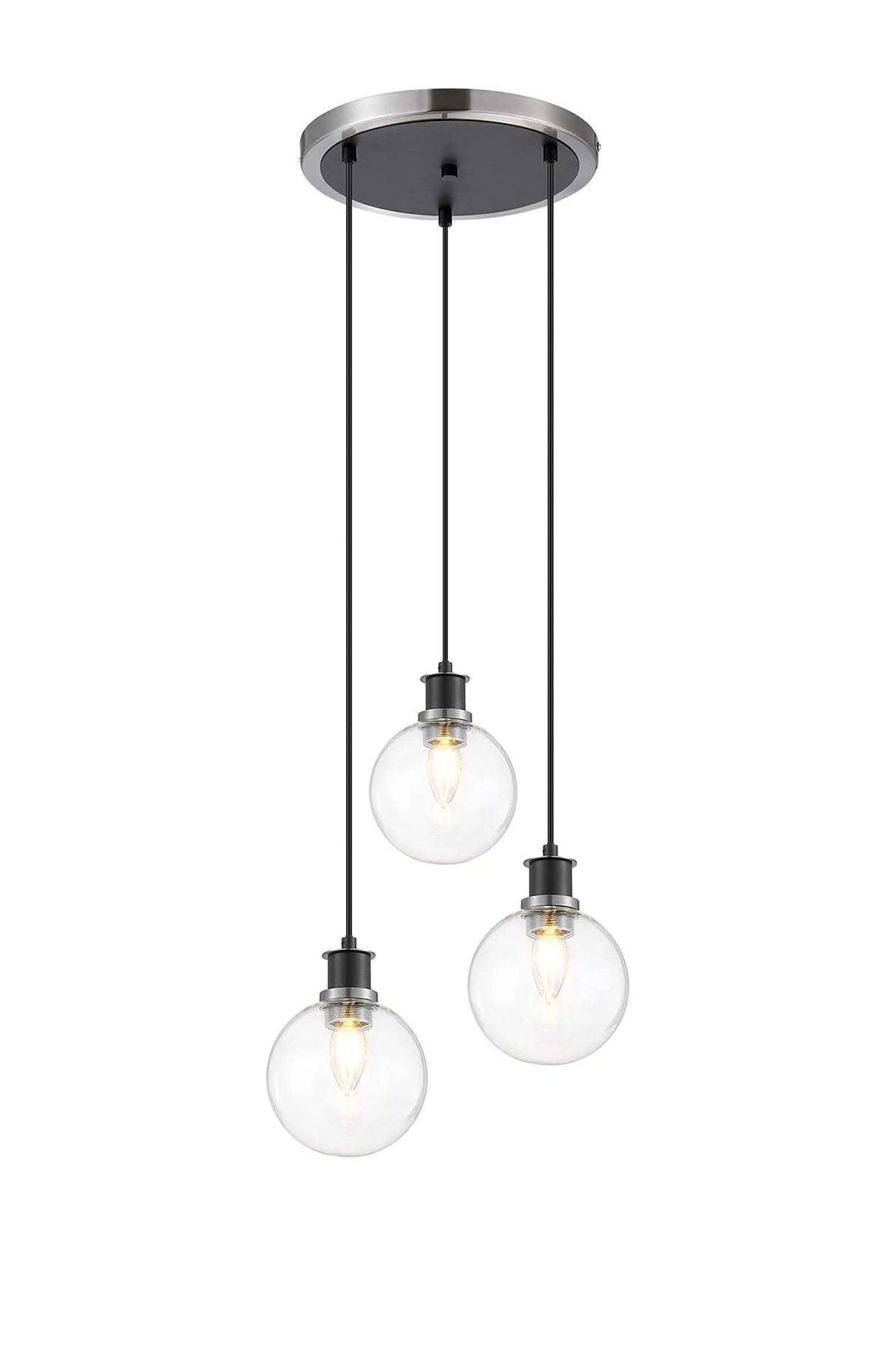Stevens 1.3m Round Pendant, 3 x E14 With 15cm Round Glass Shade, Satin Nickel, Clear & Satin Black