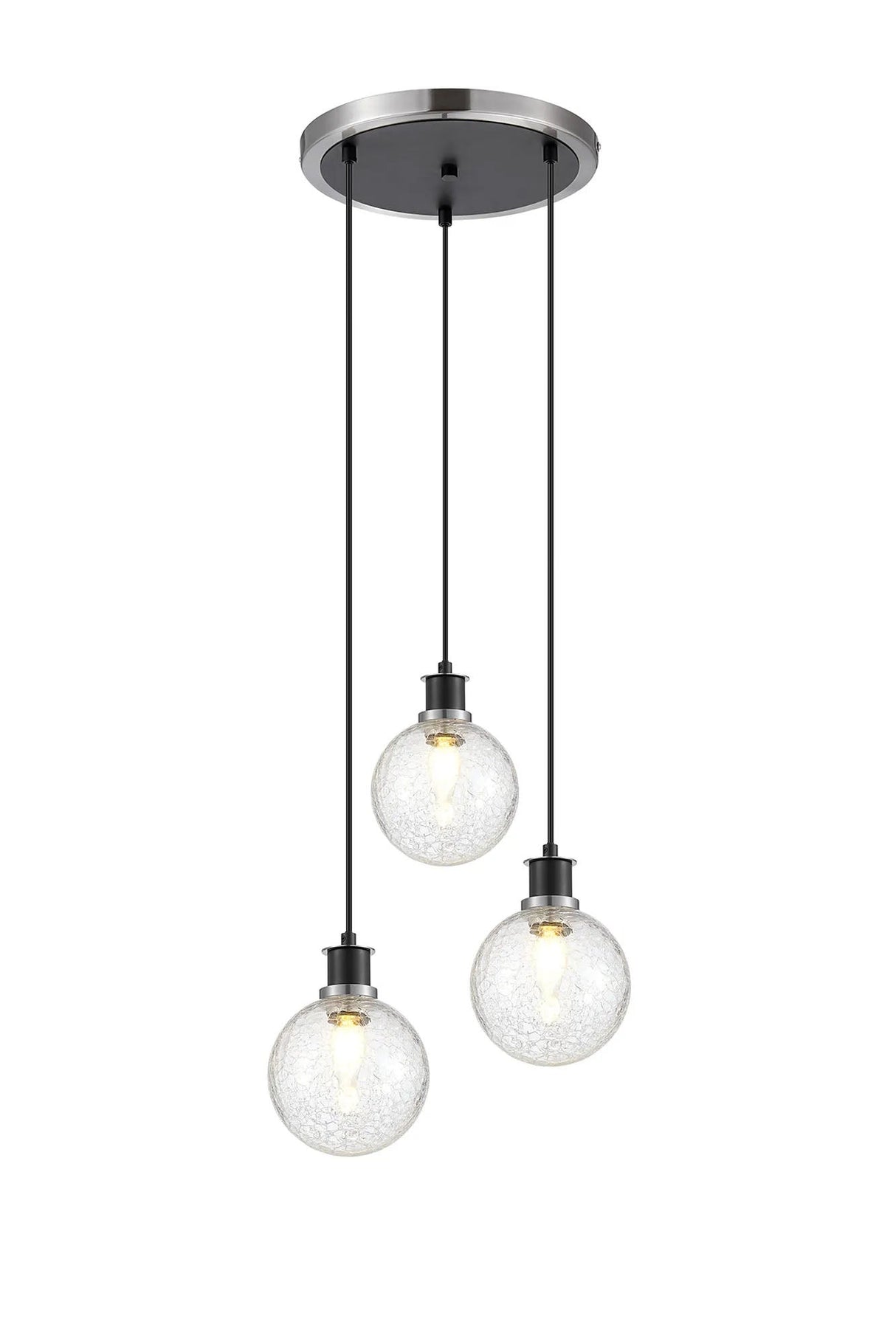 Stevens 1.3m Round Pendant, 3 x E14 With 15cm Round Crackled Glass Shade, Satin Nickel, Clear & Satin Black