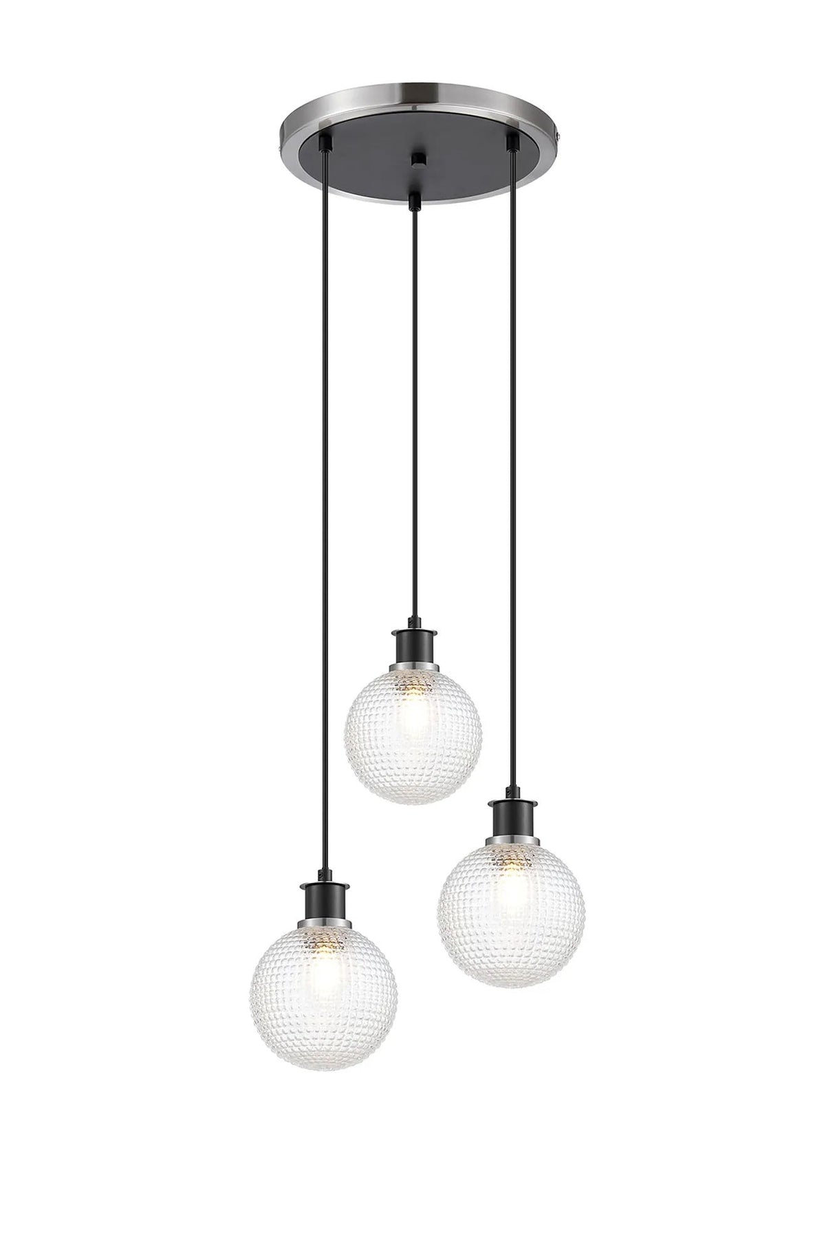 Stevens 1.3m Round Pendant, 3 x E14 With 15cm Round Textured Diamond Pattern Glass Shade, Satin Nickel, Clear & Satin Black