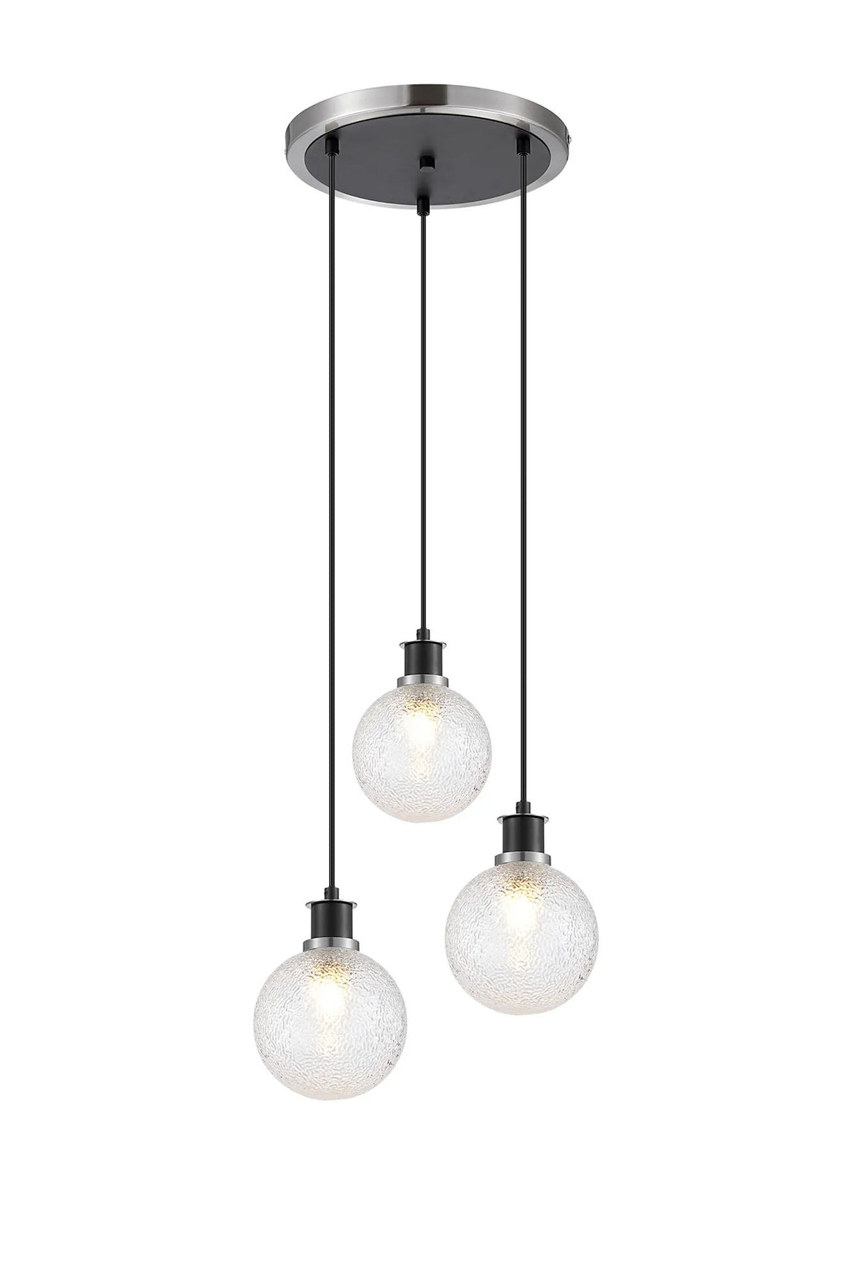 Stevens 1.3m Round Pendant, 3 x E14 With 15cm Round Dimpled Glass Shade, Satin Nickel, Clear & Satin Black