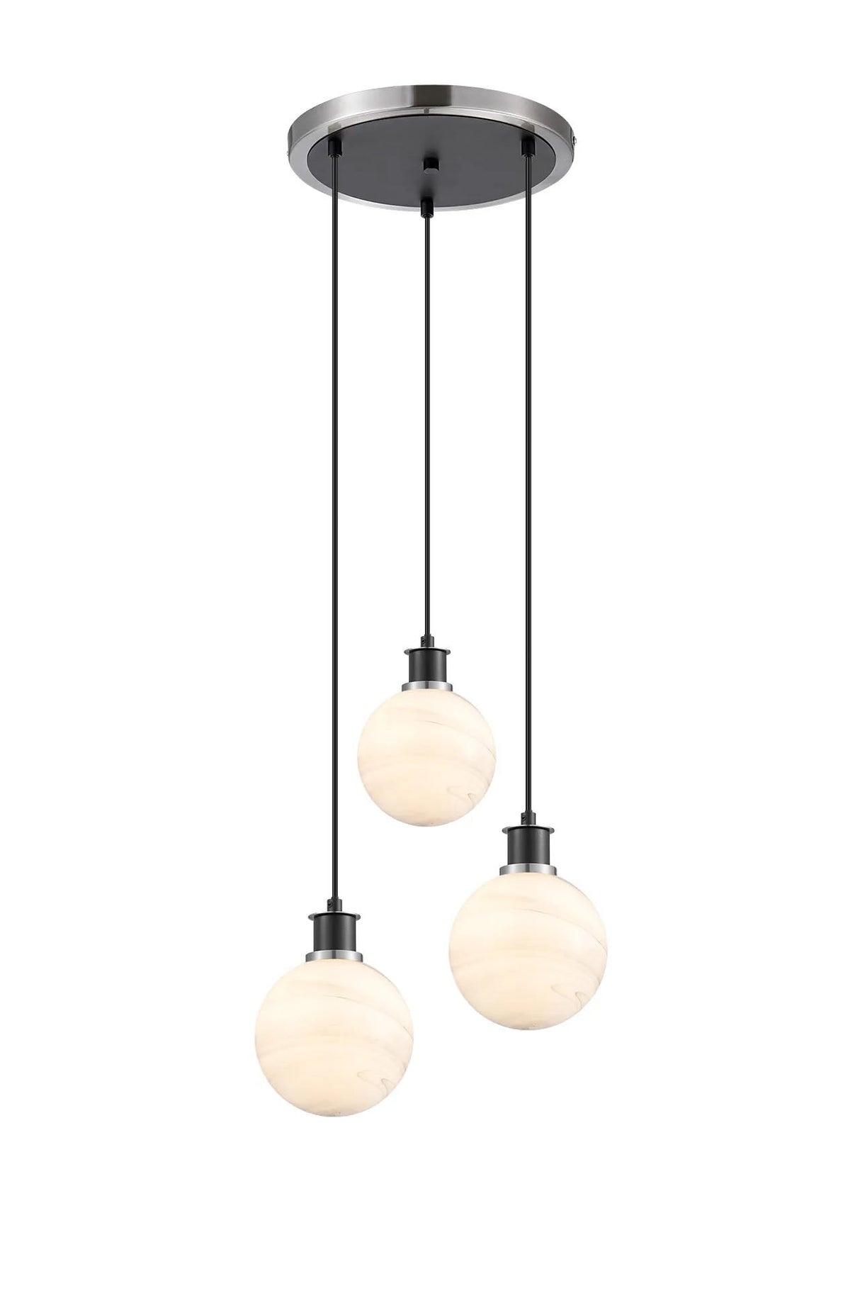 Stevens 1.3m Round Pendant, 3 x E14 With 15cm Round Marble Effect Glass Shade, Satin Nickel, White & Satin Black