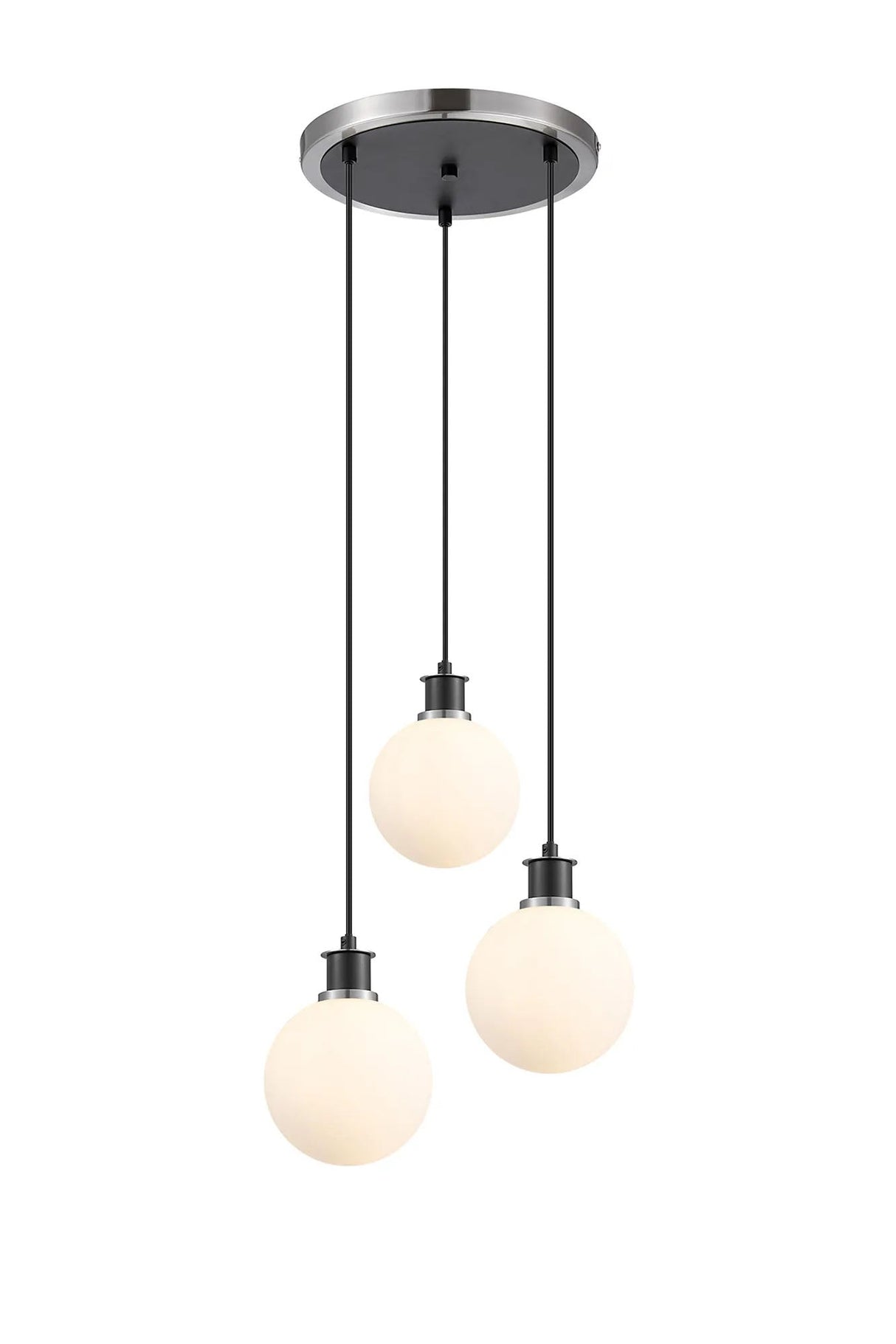 Stevens 1.3m Round Pendant, 3 x E14 With 15cm Round Glass Shade, Satin Nickel, Opal & Satin Black