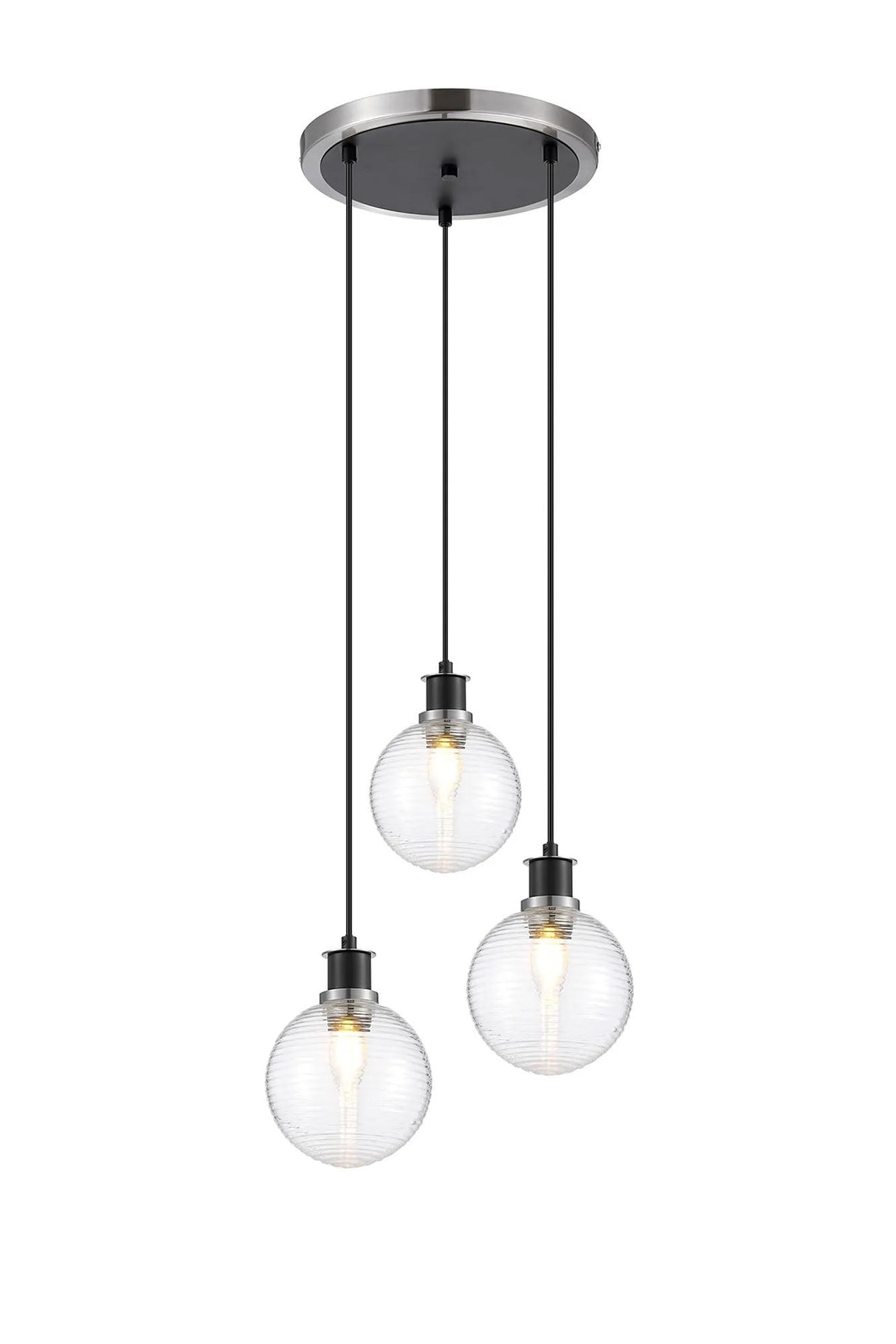 Stevens 1.3m Round Pendant, 3 x E14 With 15cm Round Ribbed Glass Shade, Satin Nickel, Clear & Satin Black