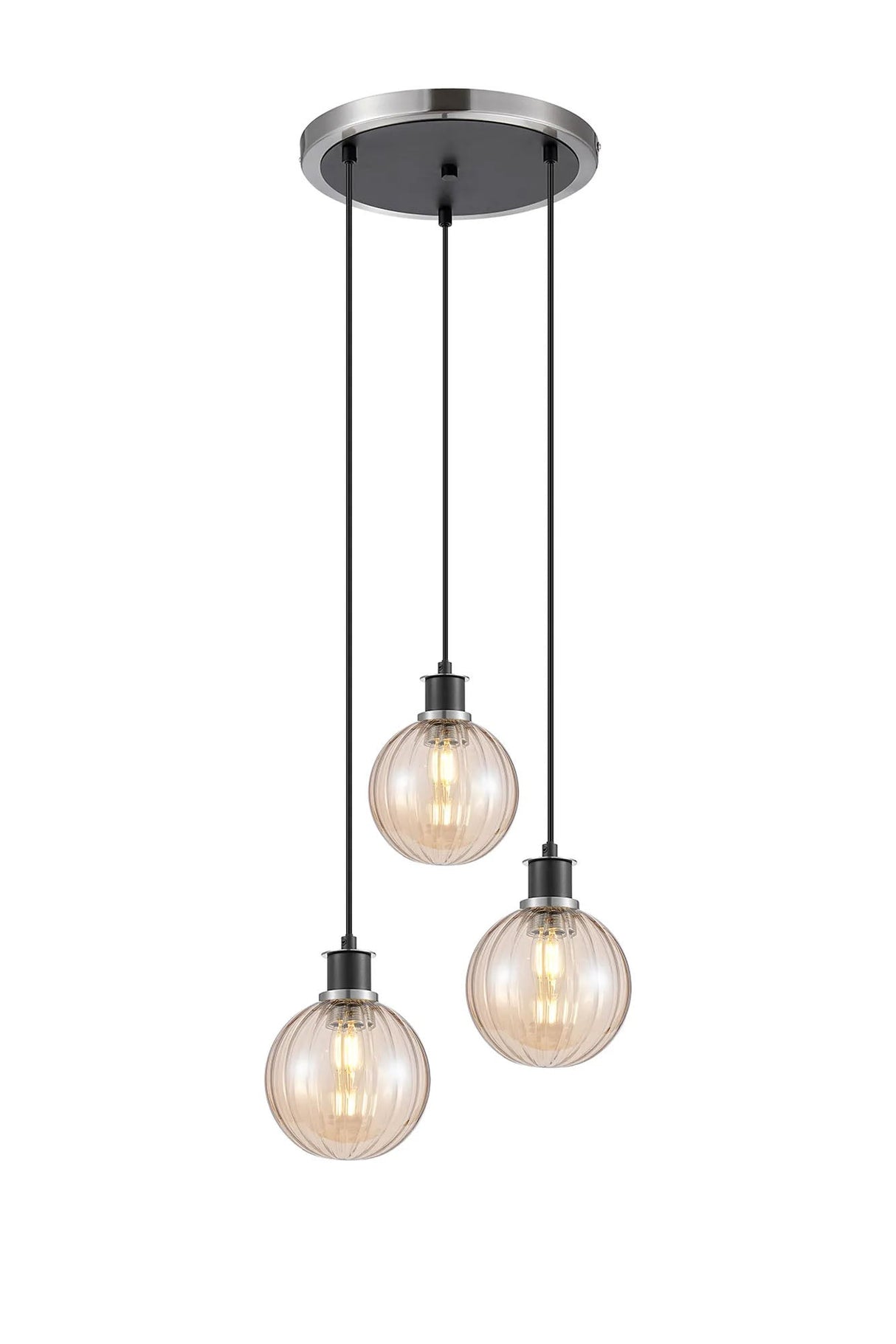 Stevens 1.3m Round Pendant, 3 x E14 With 15cm Round Segment Glass Shade, Satin Nickel, Amber Plated & Satin Black
