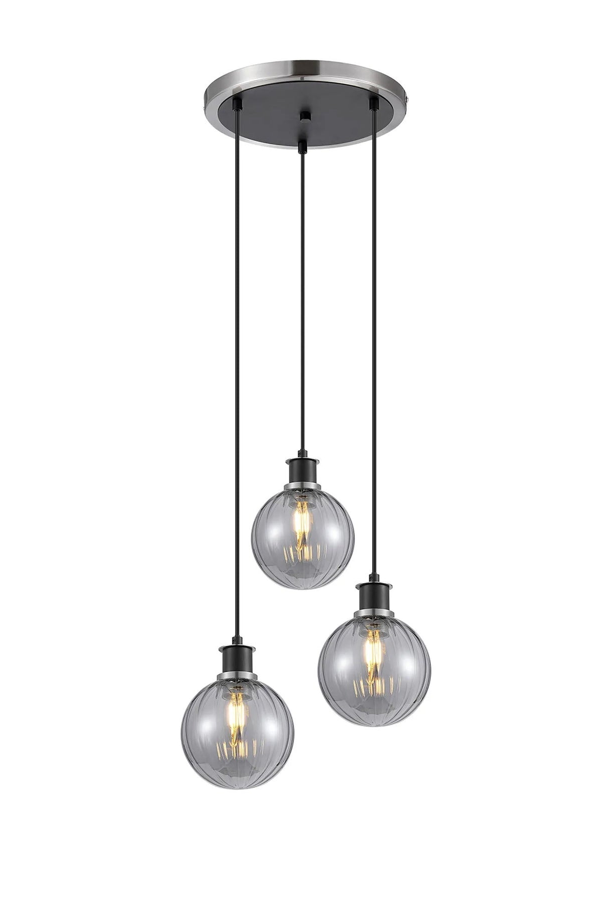 Stevens 1.3m Round Pendant, 3 x E14 With 15cm Round Segment Glass Shade, Satin Nickel, Smoke Plated & Satin Black