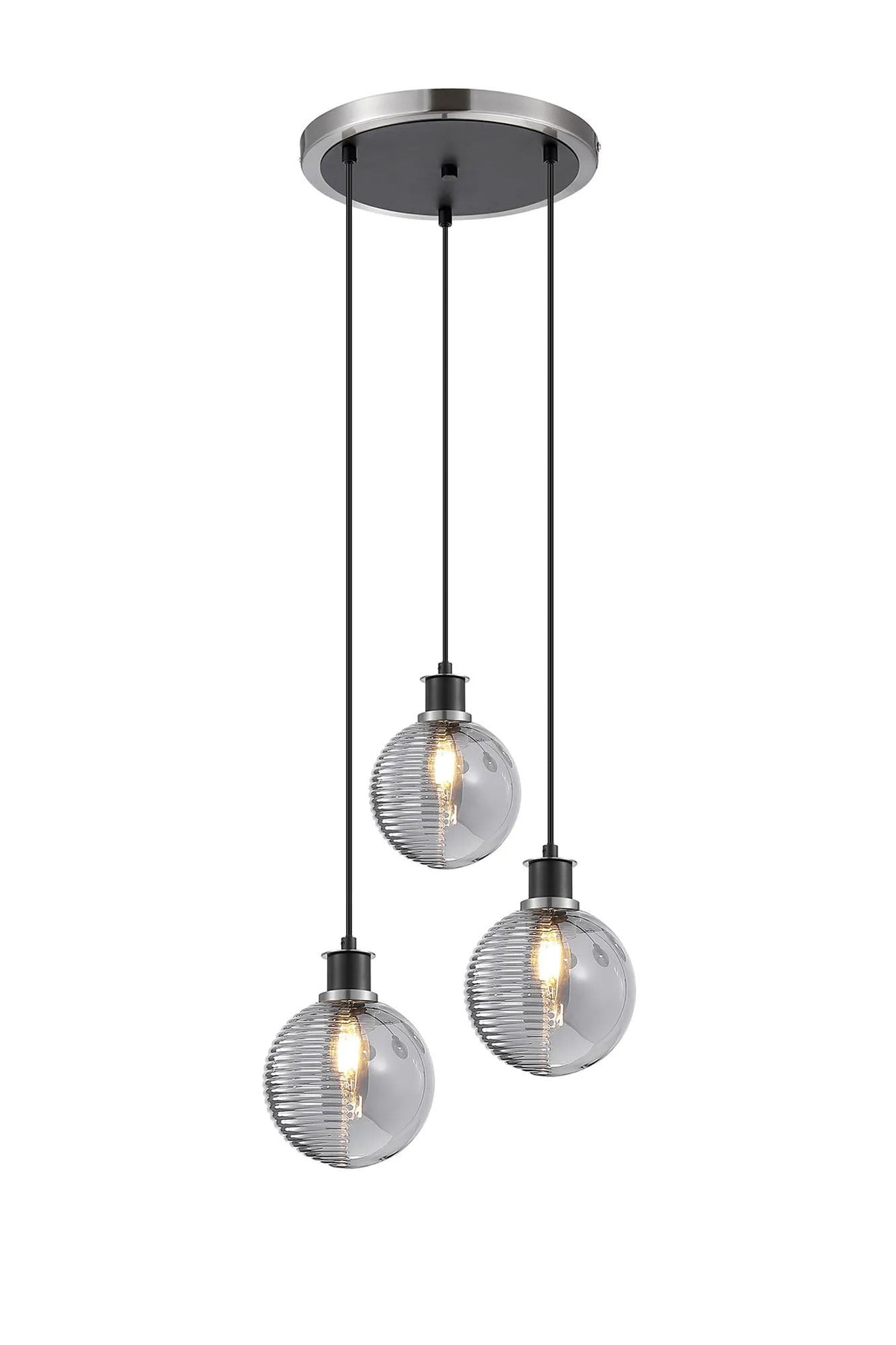 Stevens 1.3m Round Pendant, 3 x E14 With 15cm Round Double Textured Smooth/Ribbed Glass Shade, Satin Nickel, Smoke Plated & Satin Black