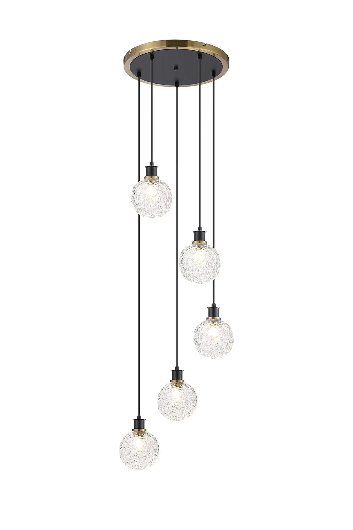 Stevens 1.8m Round Pendant, 5 x E14 With 15cm Round Textured Crumple Glass Shade, Brass, Clear & Satin Black