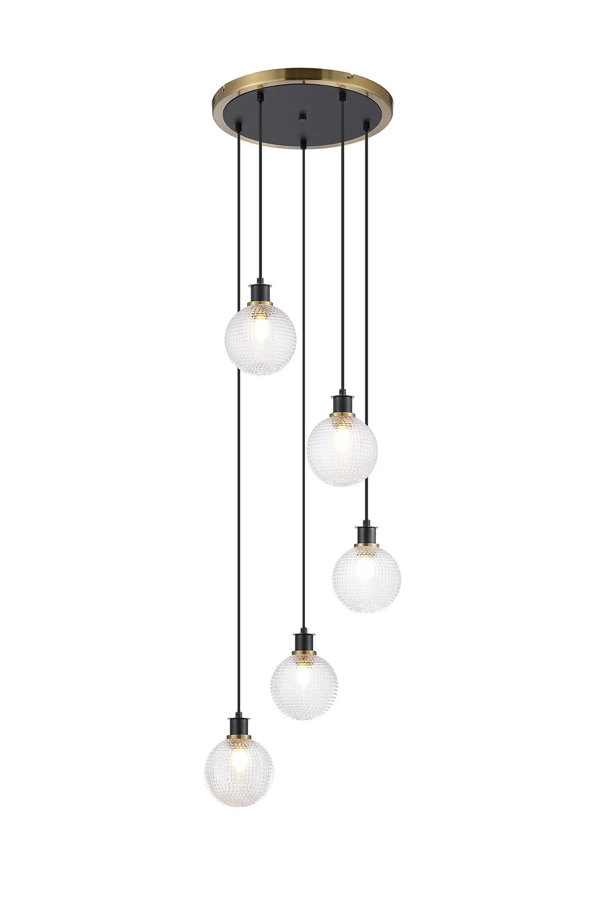 Stevens 1.8m Round Pendant, 5 x E14 With 15cm Round Textured Diamond Pattern Glass Shade, Brass, Clear & Satin Black