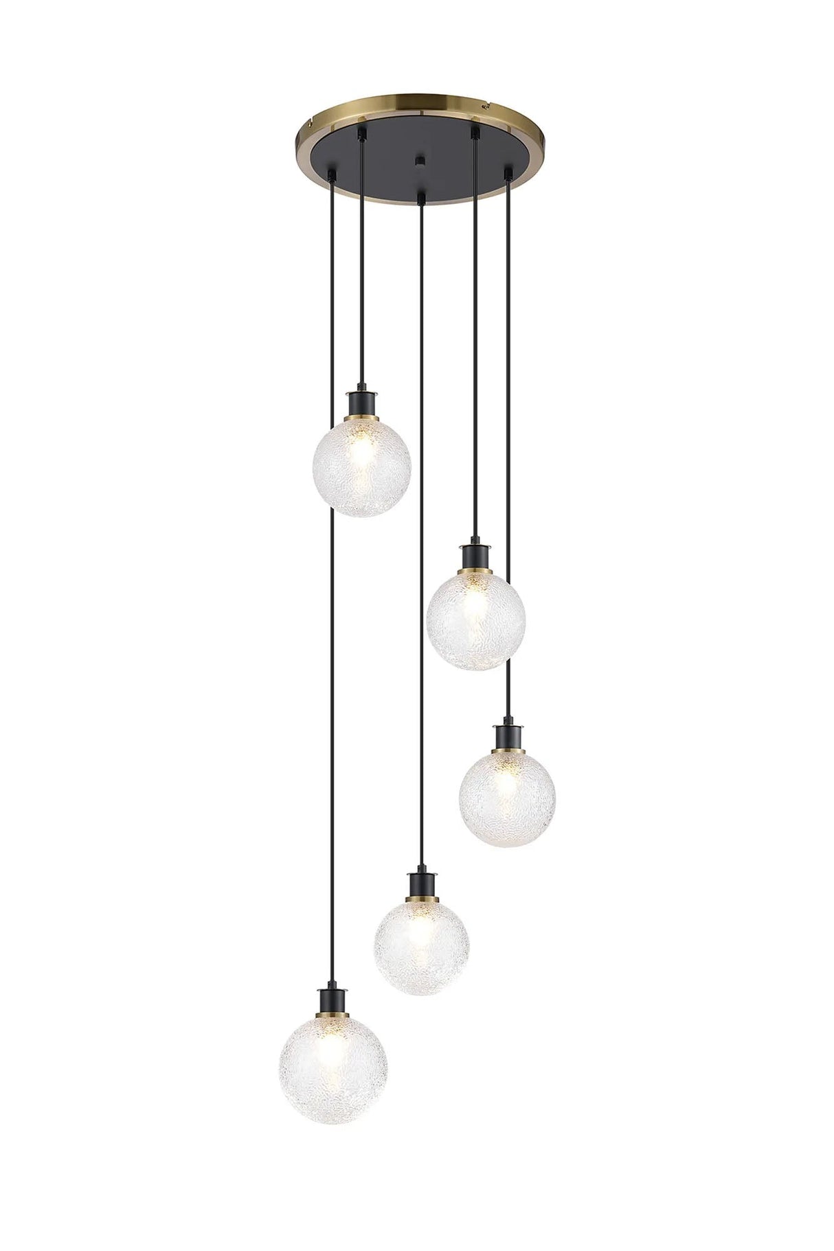 Stevens 1.8m Round Pendant, 5 x E14 With 15cm Round Dimpled Glass Shade, Brass, Clear & Satin Black