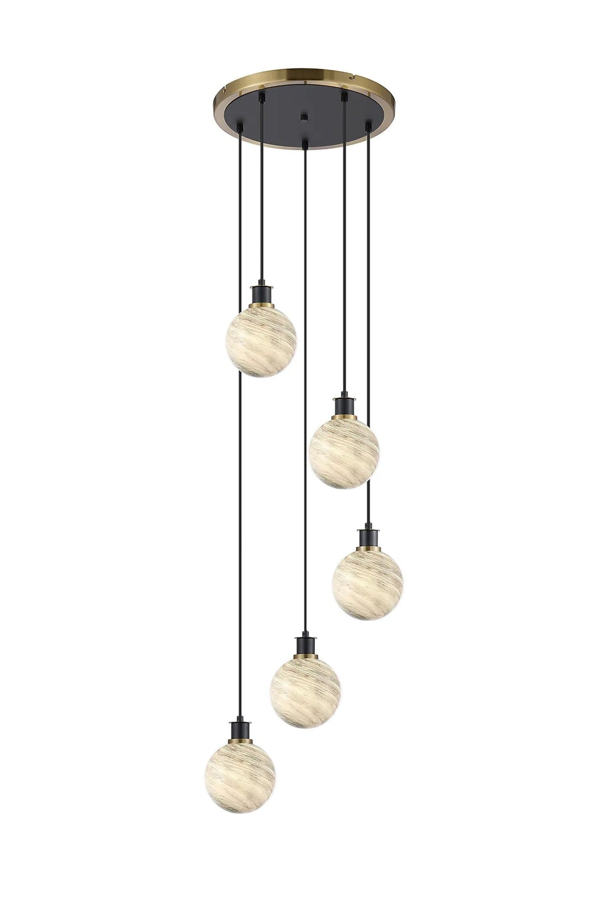 Stevens 48cm Round Pendant, 5 Light E14 With 15cm Round Dark Green Marble Effect Glass Shade, Brass & Satin Black Framework