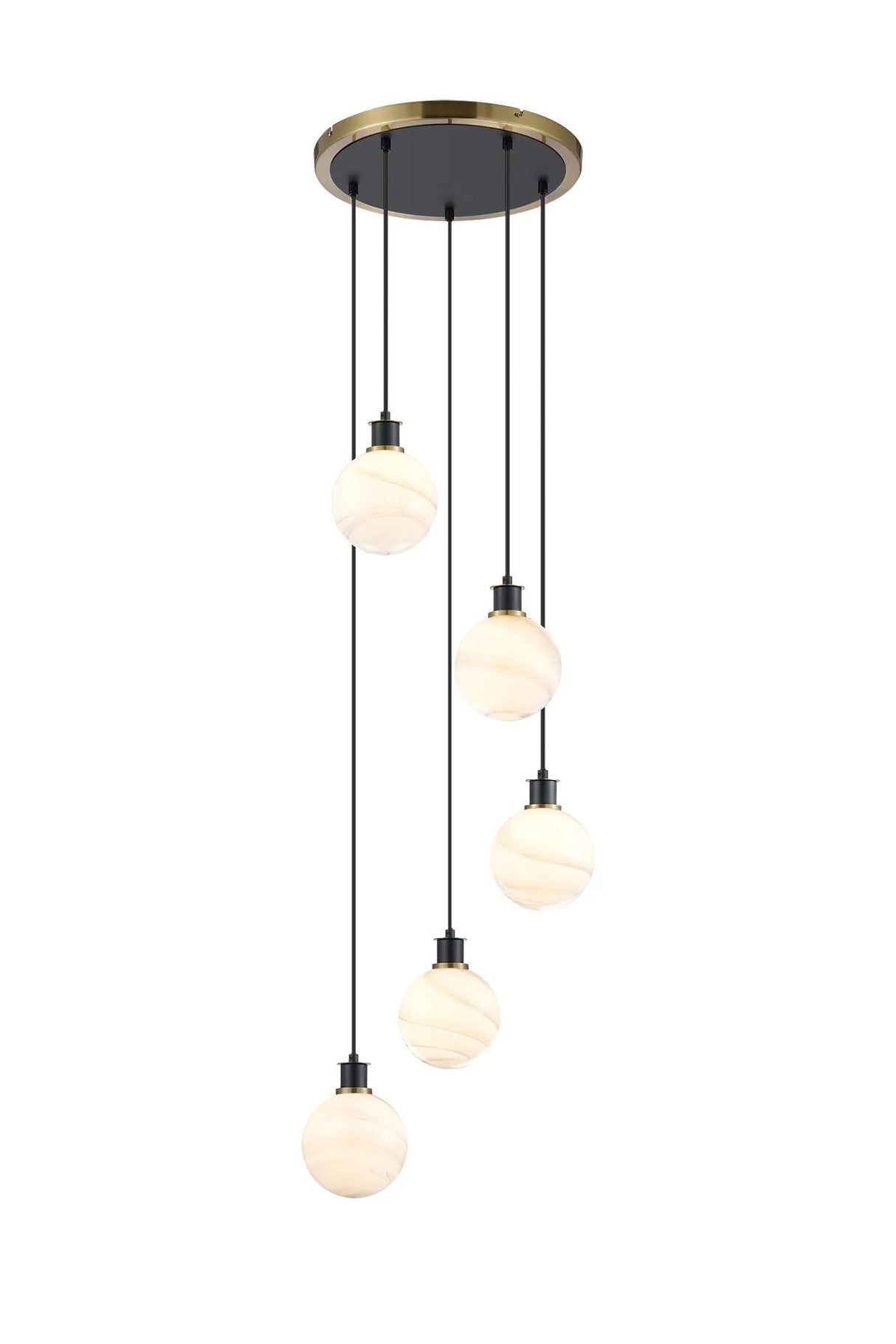 Stevens 1.8m Round Pendant, 5 x E14 With 15cm Round Marble Effect Glass Shade, Brass, White & Satin Black