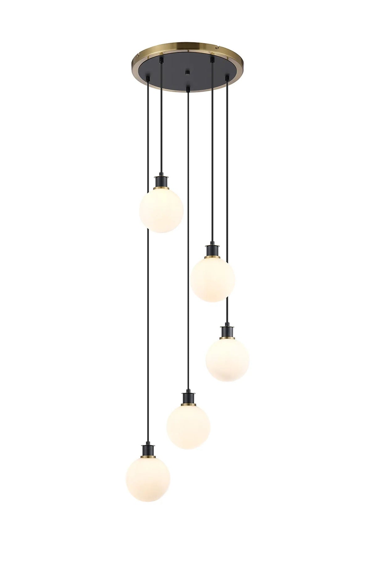 Stevens 1.8m Round Pendant, 5 x E14 With 15cm Round Glass Shade, Brass, Opal & Satin Black