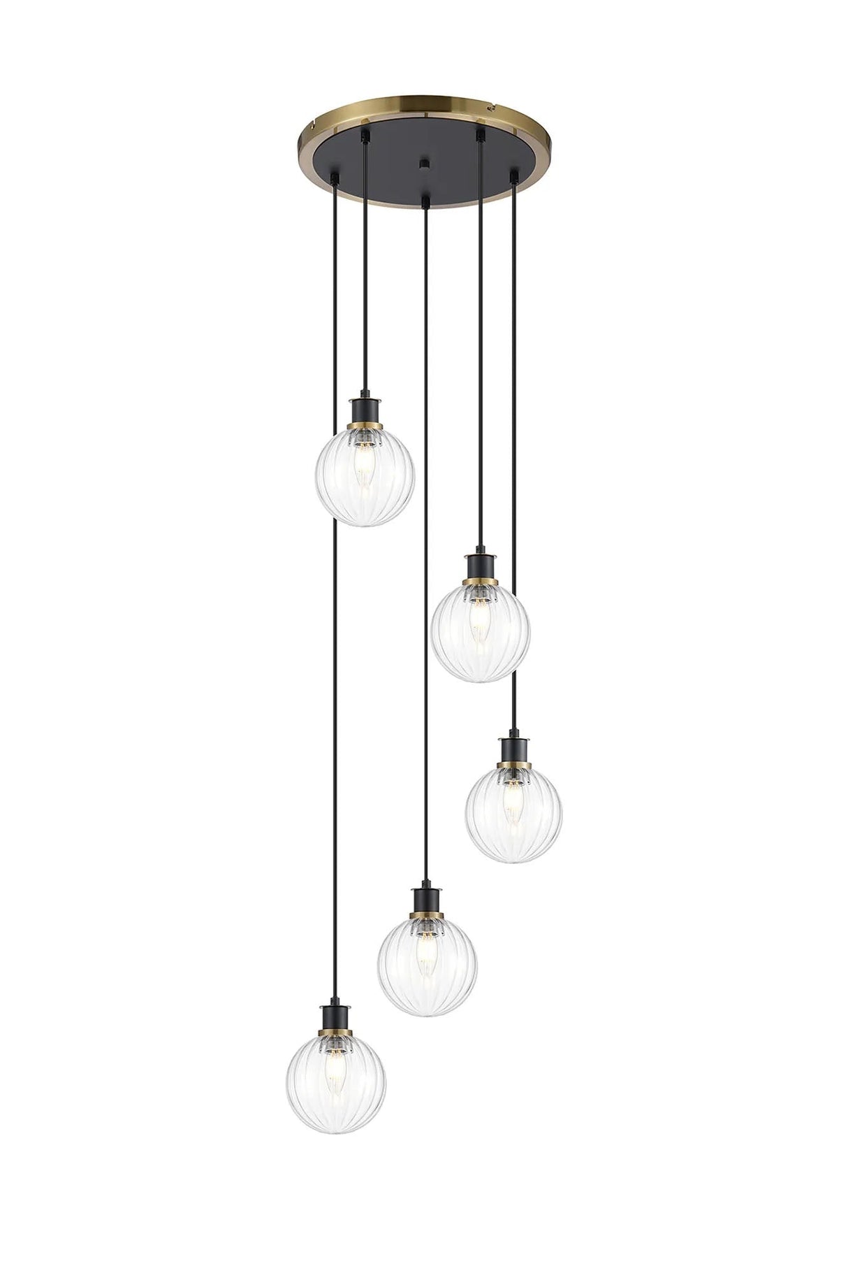 Stevens 1.8m Round Pendant, 5 x E14 With 15cm Round Segment Glass Shade, Brass, Clear & Satin Black