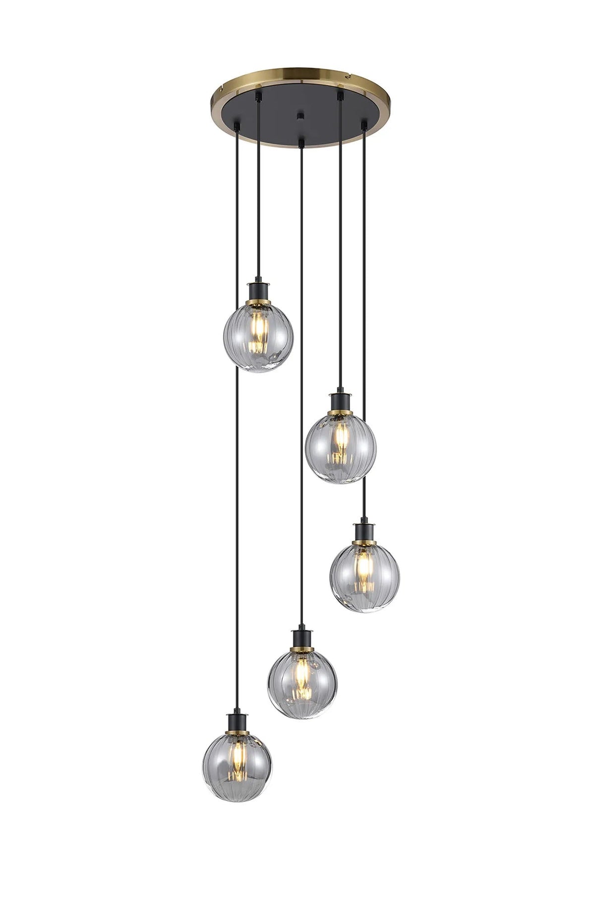 Stevens 1.8m Round Pendant, 5 x E14 With 15cm Round Segment Glass Shade, Brass, Smoke Plated & Satin Black