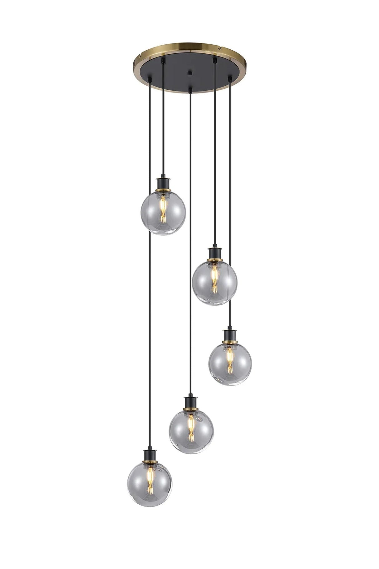 Stevens 1.8m Round Pendant, 5 x E14 With 15cm Round Glass Shade, Brass, Smoke Plated & Satin Black