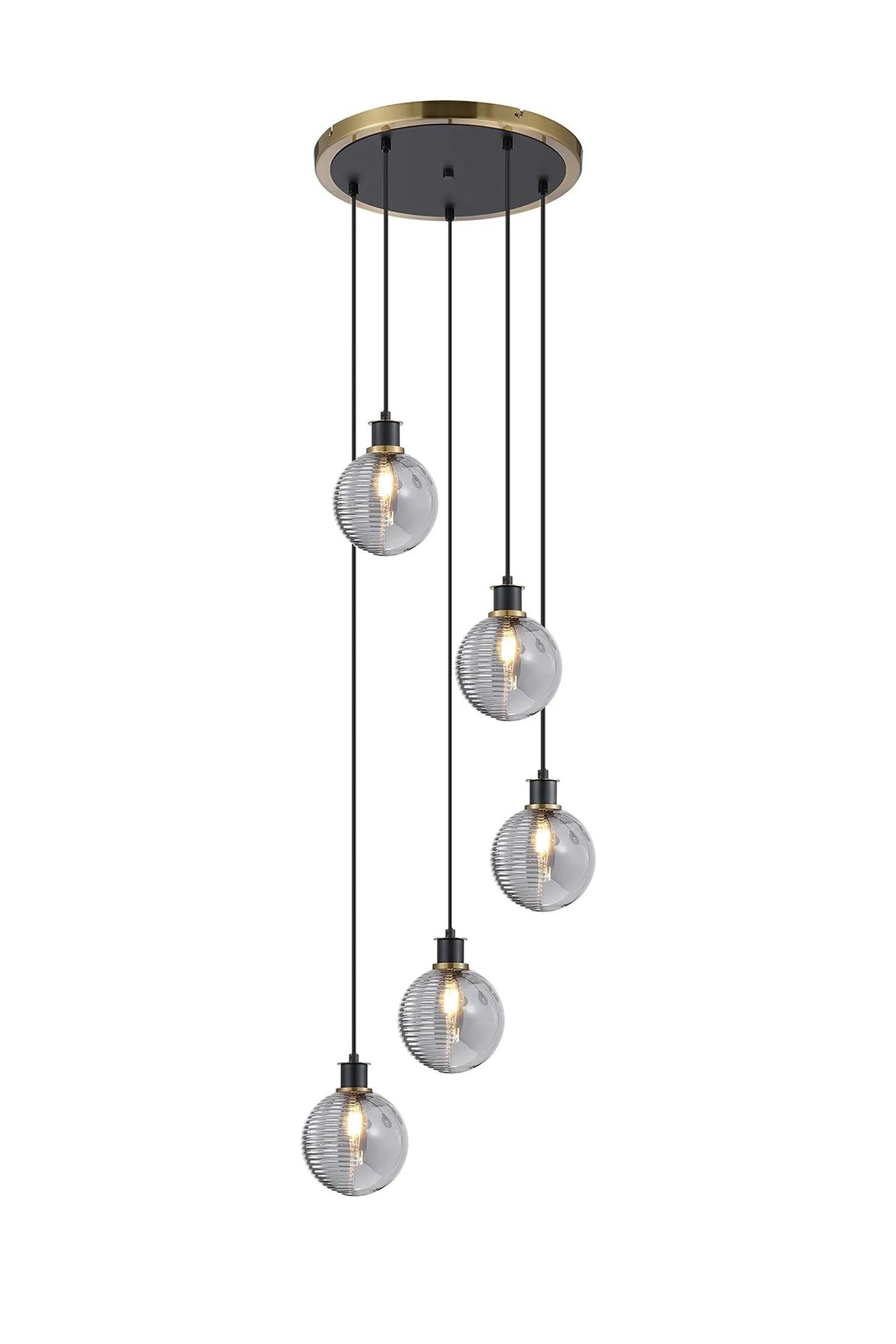 Stevens 1.8m Round Pendant, 5 x E14 With 15cm Round Double Textured Smooth/Ribbed Glass Shade, Brass, Smoke Plated & Satin Black