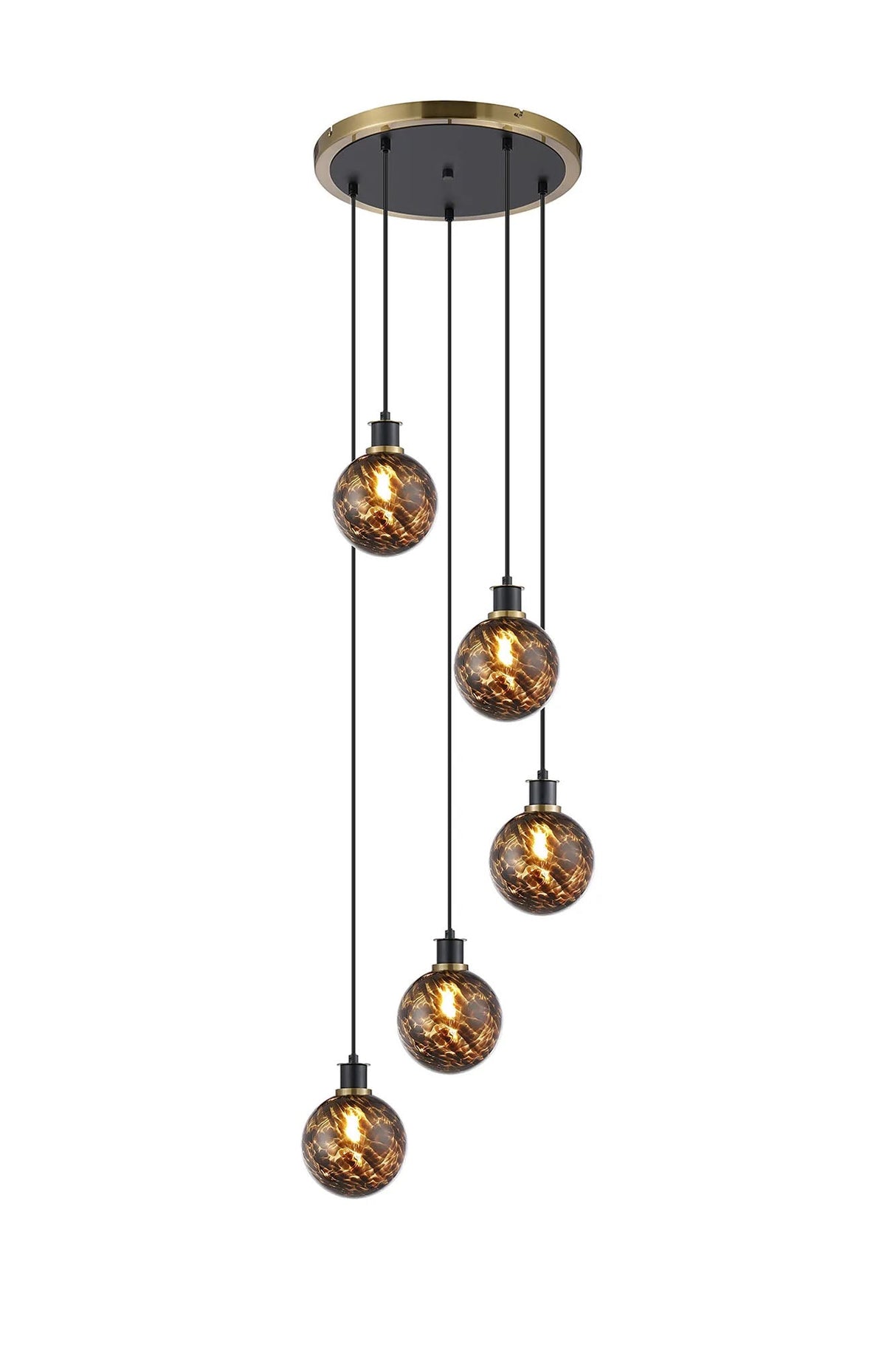 Stevens 48cm Round Pendant, 5 Light E14 With 15cm Round Brown & Amber Tortoise Shell Glass Shade, Brass & Satin Black Framework