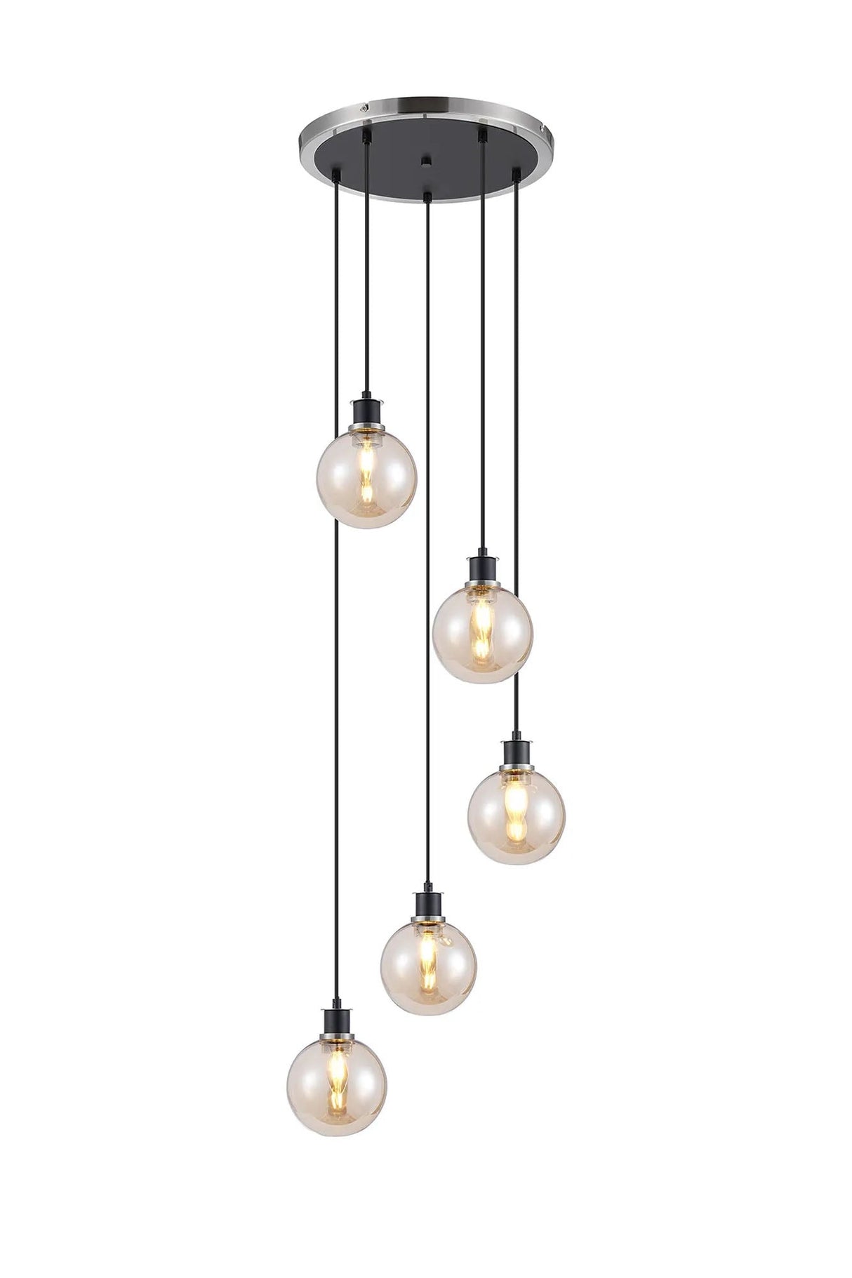 Stevens 1.8m Round Pendant, 5 x E14 With 15cm Round Glass Shade, Satin Nickel, Amber Plated & Satin Black