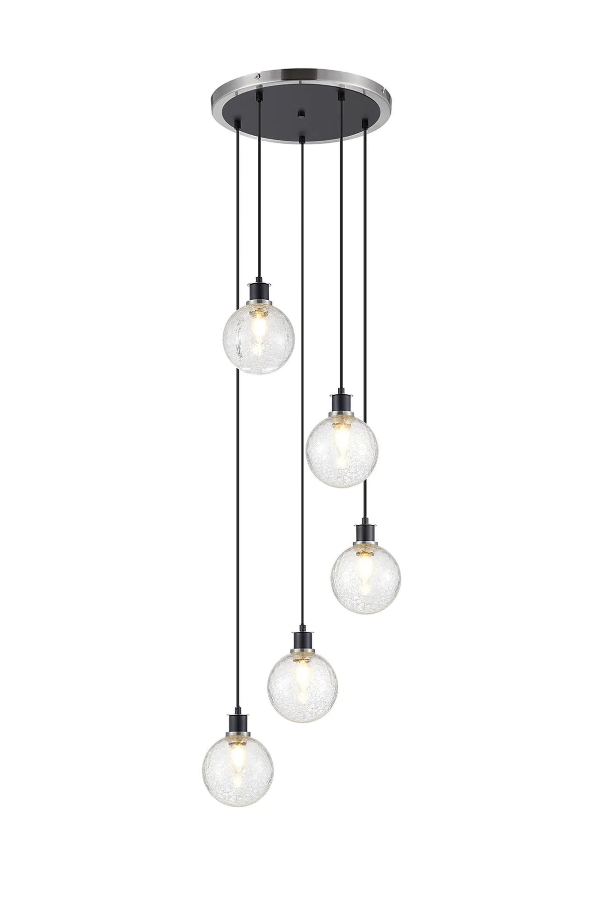Stevens 1.8m Round Pendant, 5 x E14 With 15cm Round Crackled Glass Shade, Satin Nickel, Clear & Satin Black