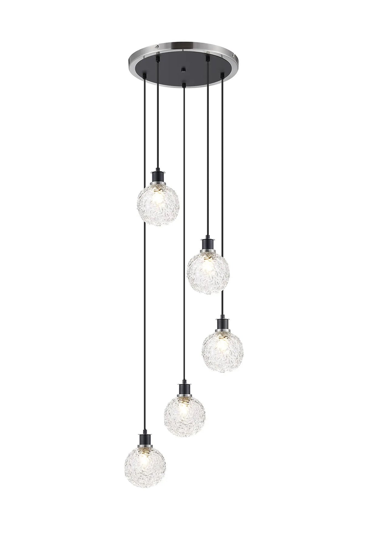 Stevens 1.8m Round Pendant, 5 x E14 With 15cm Round Textured Crumple Glass Shade, Satin Nickel, Clear & Satin Black