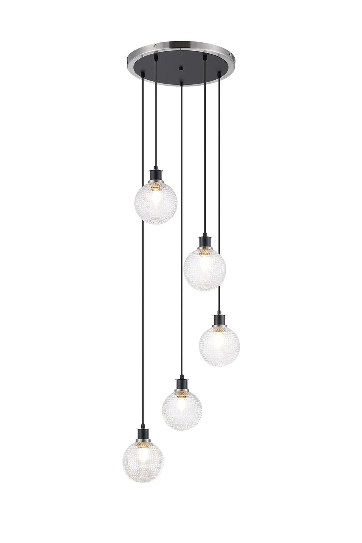 Stevens 1.8m Round Pendant, 5 x E14 With 15cm Round Textured Diamond Pattern Glass Shade, Satin Nickel, Clear & Satin Black