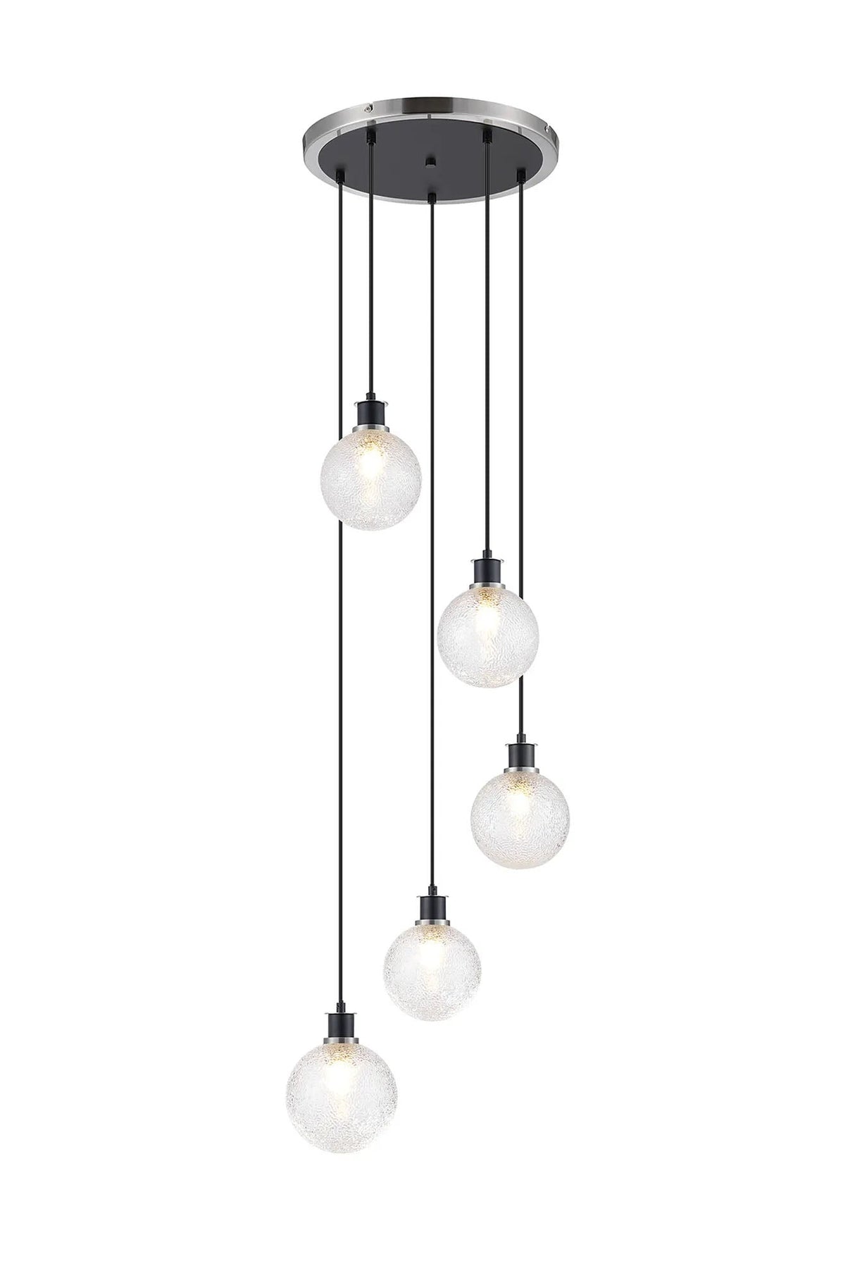Stevens 1.8m Round Pendant, 5 x E14 With 15cm Round Dimpled Glass Shade, Satin Nickel, Clear & Satin Black