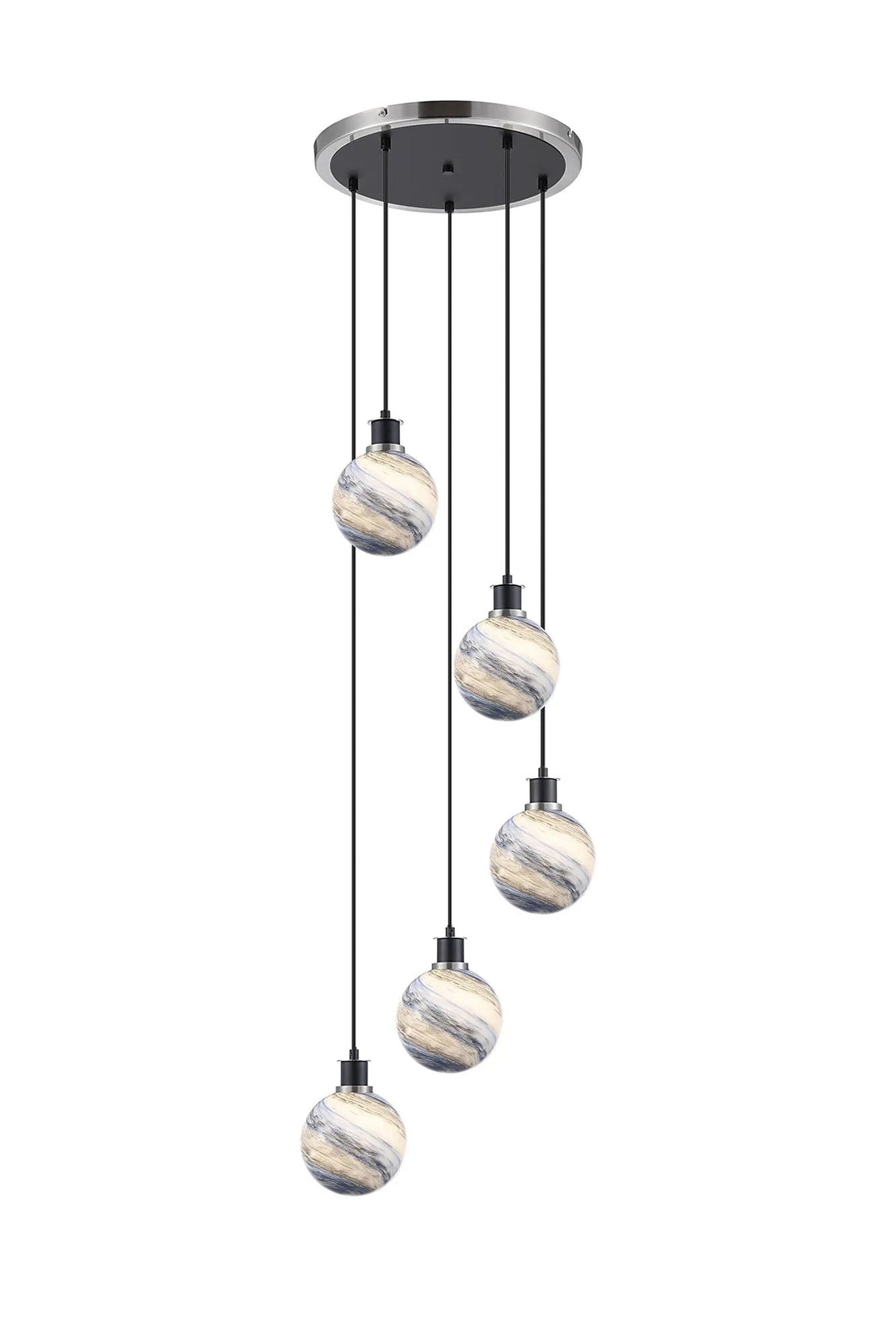 Stevens 48cm Round Pendant, 5 Light E14 With 15cm Round Dark Blue Marble Effect Glass Shade, Satin Nickel & Satin Black Framework