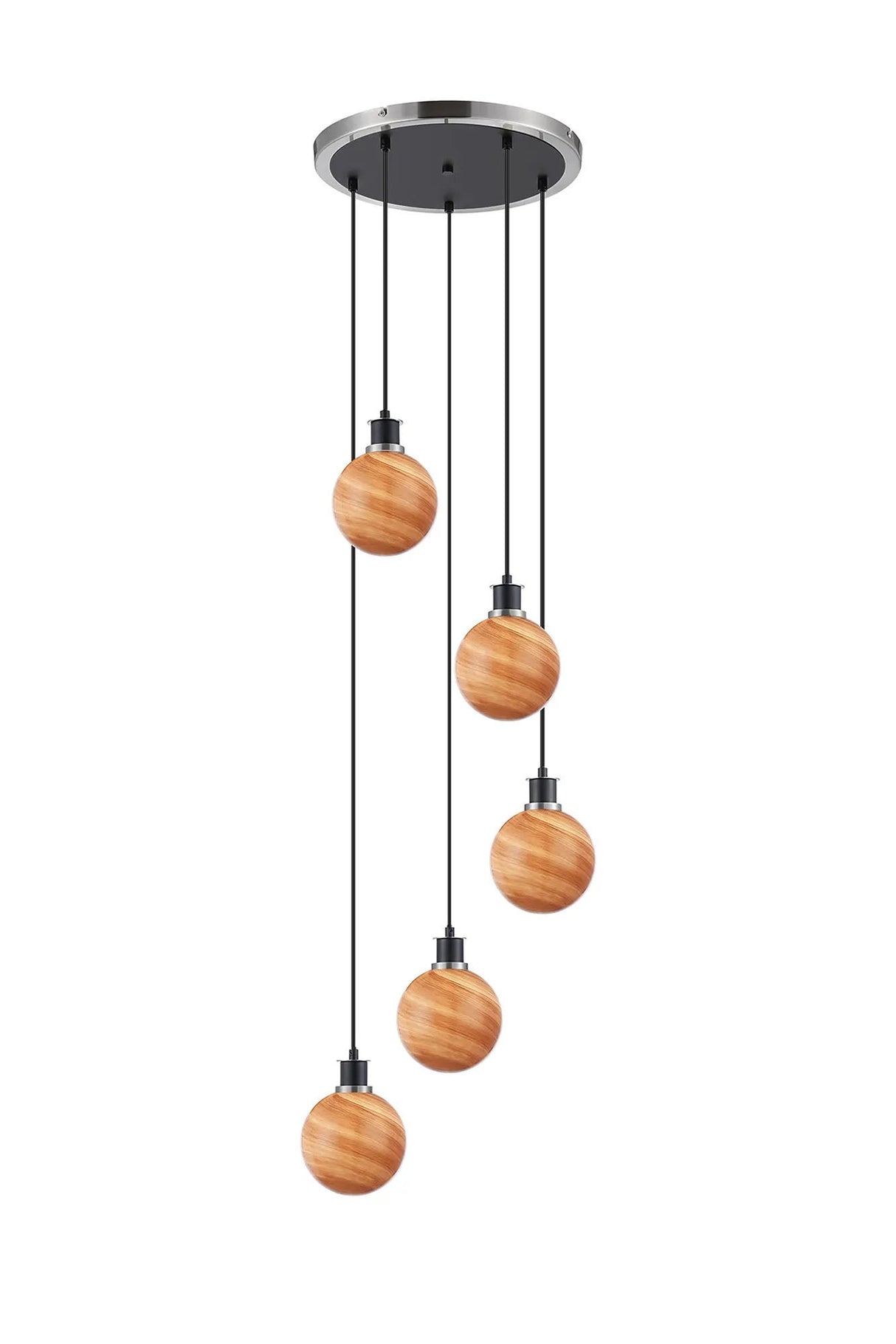 Stevens 48cm Round Pendant, 5 Light E14 With 15cm Round Dark Pink Marble Effect Glass Shade, Satin Nickel & Satin Black Framework