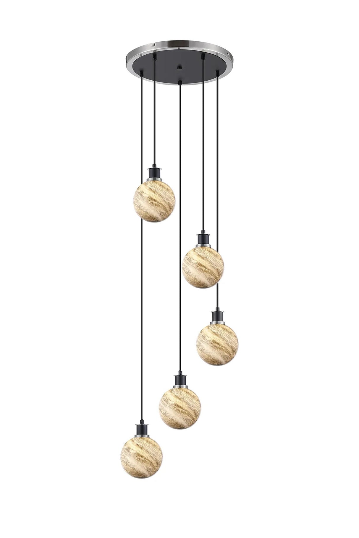 Stevens 48cm Round Pendant, 5 Light E14 With 15cm Round Light Grey Marble Effect Glass Shade, Satin Nickel & Satin Black Framework