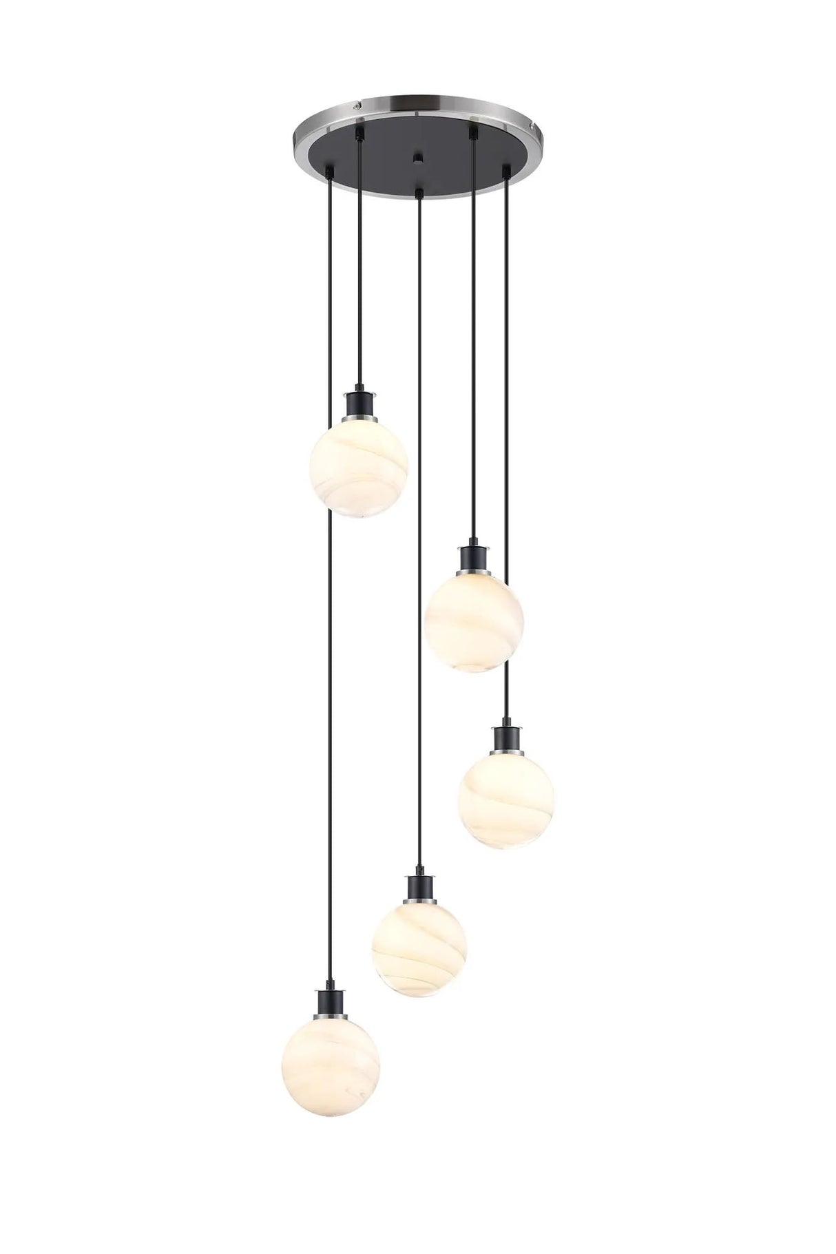 Stevens 1.8m Round Pendant, 5 x E14 With 15cm Round Marble Effect Glass Shade, Satin Nickel, White & Satin Black