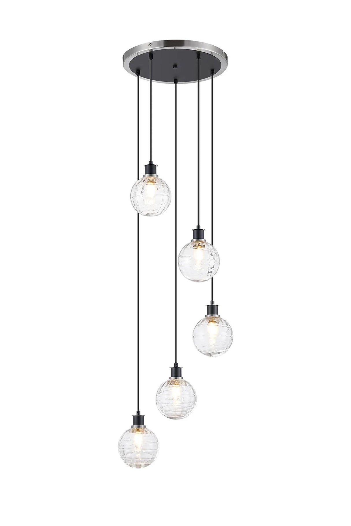 Stevens 1.8m Round Pendant, 5 x E14 With 15cm Round Textured Melting Glass Shade, Satin Nickel, Clear & Satin Black