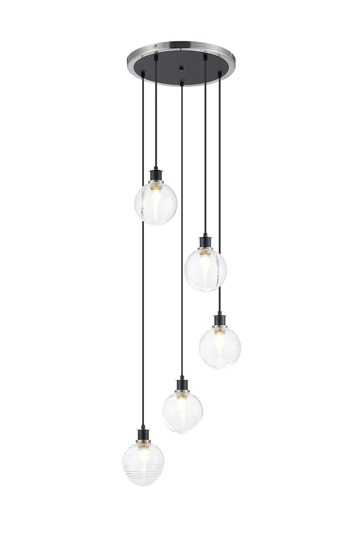 Stevens 1.8m Round Pendant, 5 x E14 With 15cm Round Ribbed Glass Shade, Satin Nickel, Clear & Satin Black