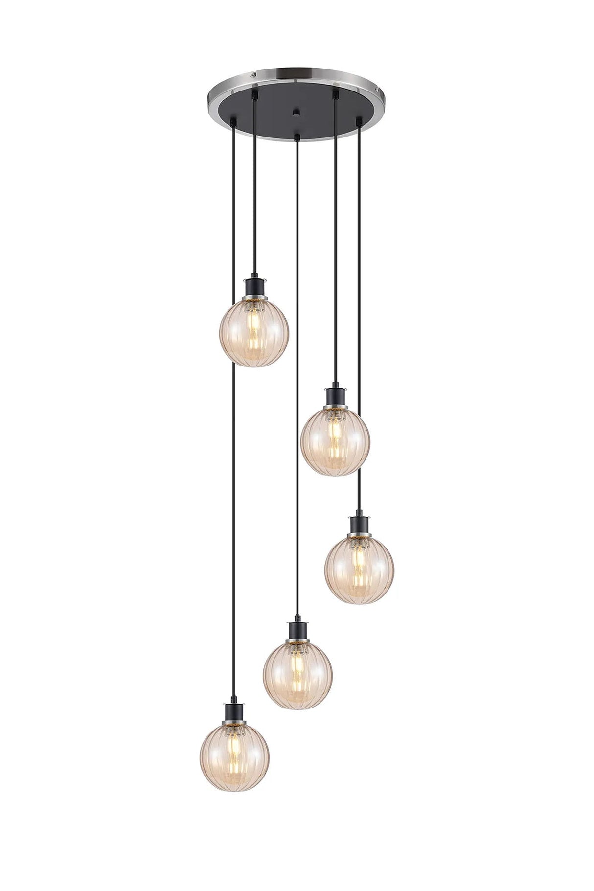 Stevens 1.8m Round Pendant, 5 x E14 With 15cm Round Segment Glass Shade, Satin Nickel, Amber Plated & Satin Black