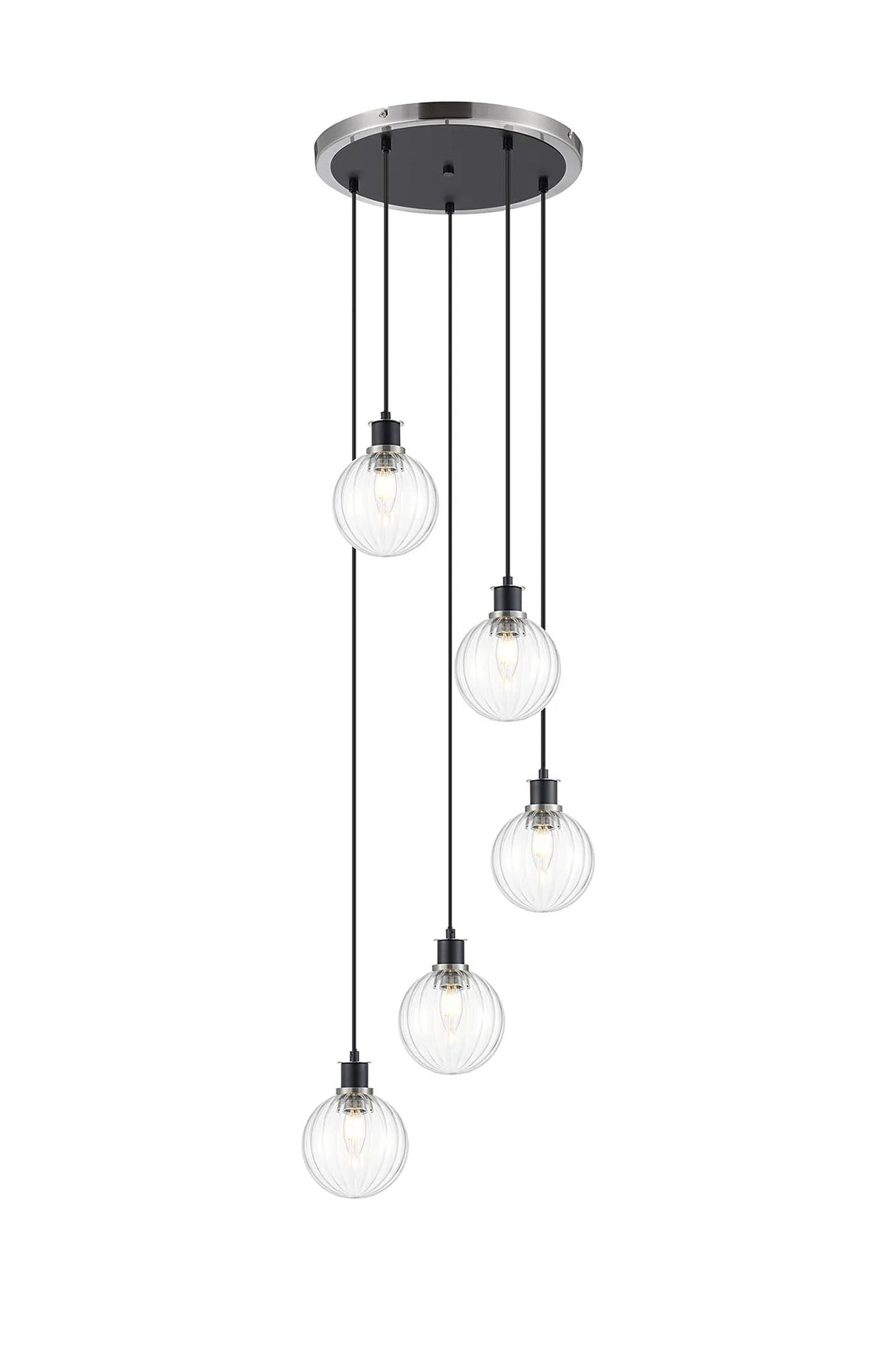 Stevens 1.8m Round Pendant, 5 x E14 With 15cm Round Segment Glass Shade, Satin Nickel, Clear & Satin Black