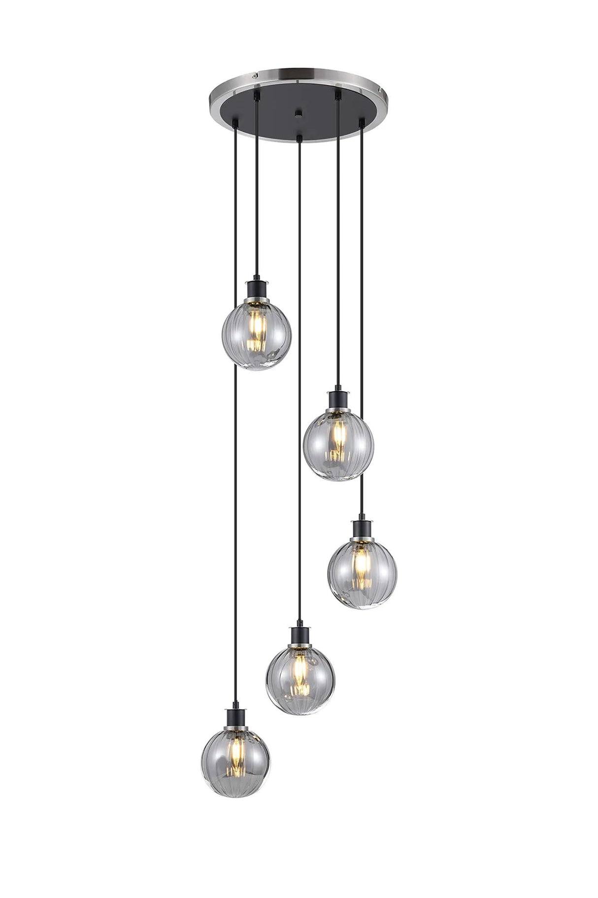 Stevens 1.8m Round Pendant, 5 x E14 With 15cm Round Segment Glass Shade, Satin Nickel, Smoke Plated & Satin Black